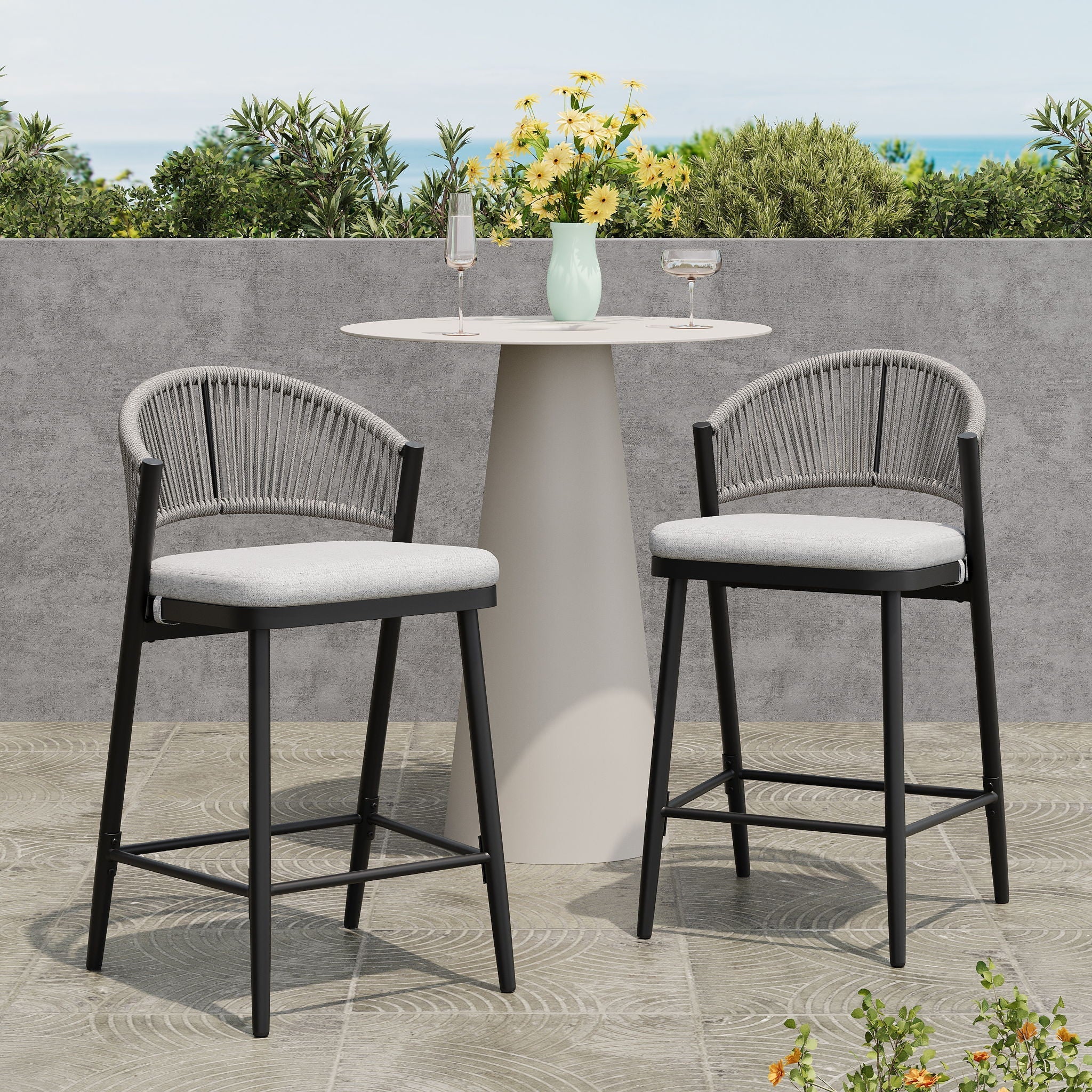 Outdoor 26" Counter Height Metal Frame Counter Stools With Scallop Shaped Backrest & Water Resistant Cushions - Image 10