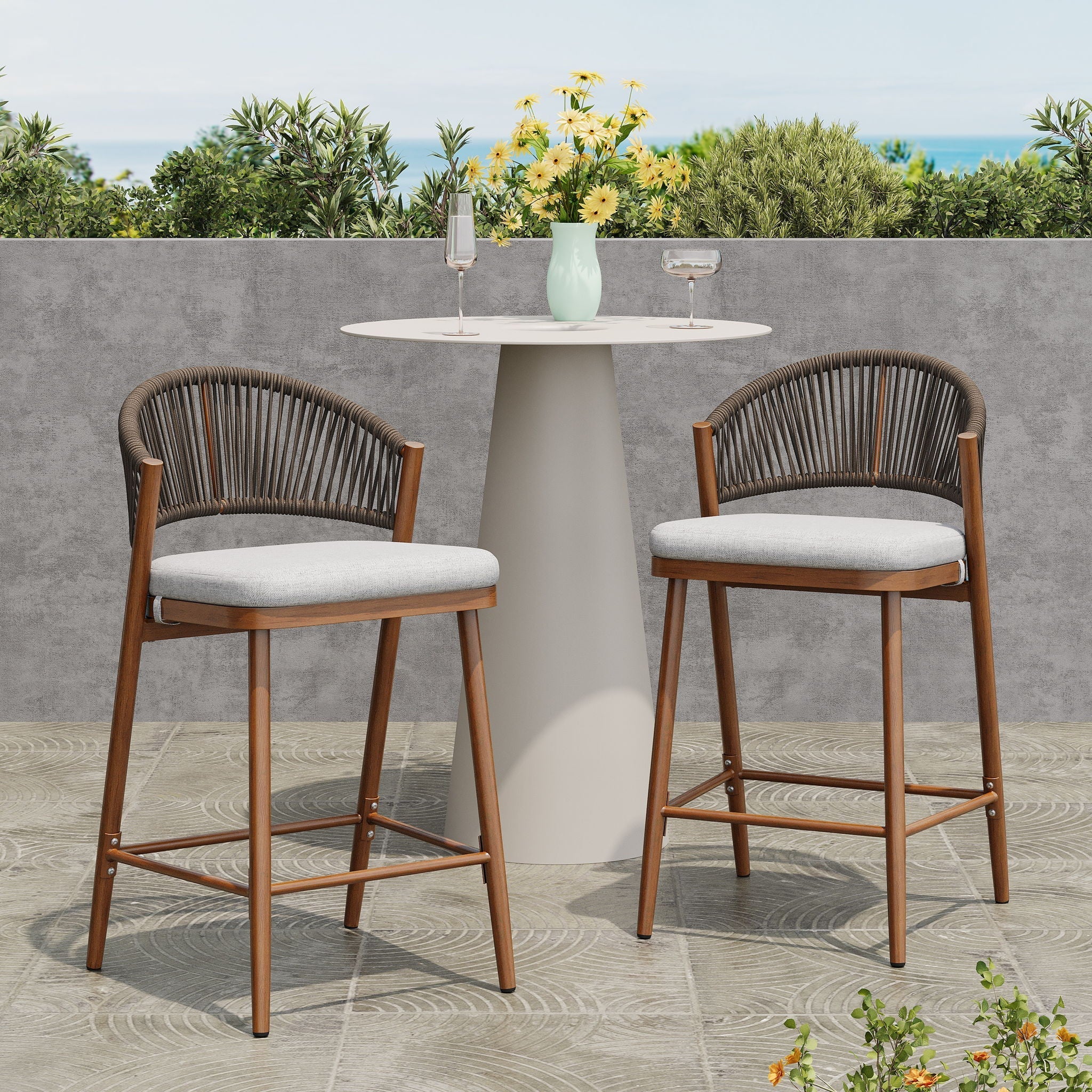 Outdoor 26" Counter Height Metal Frame Counter Stools With Scallop Shaped Backrest & Water Resistant Cushions - Image 11