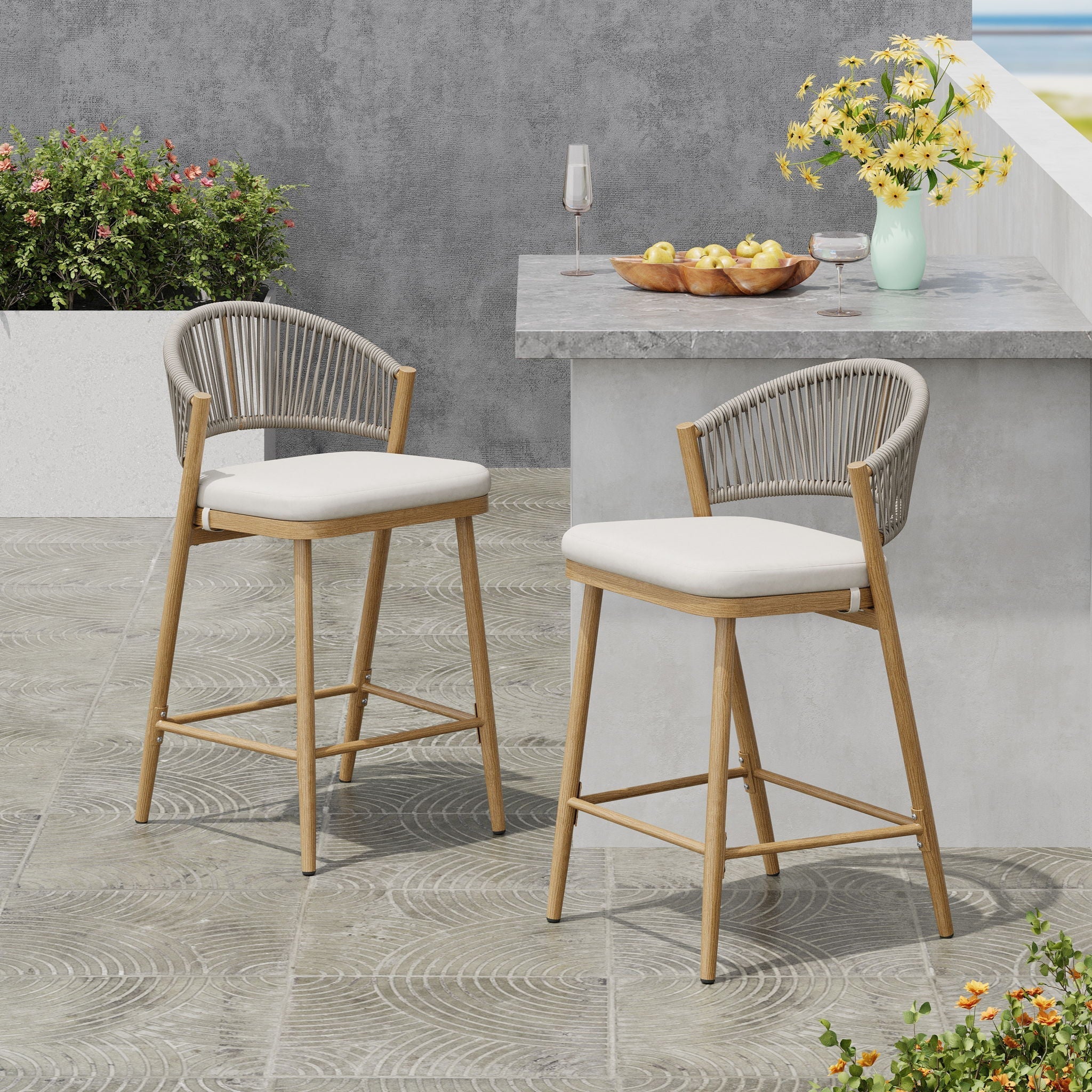 Outdoor 26" Counter Height Metal Frame Counter Stools With Scallop Shaped Backrest & Water Resistant Cushions - Image 15
