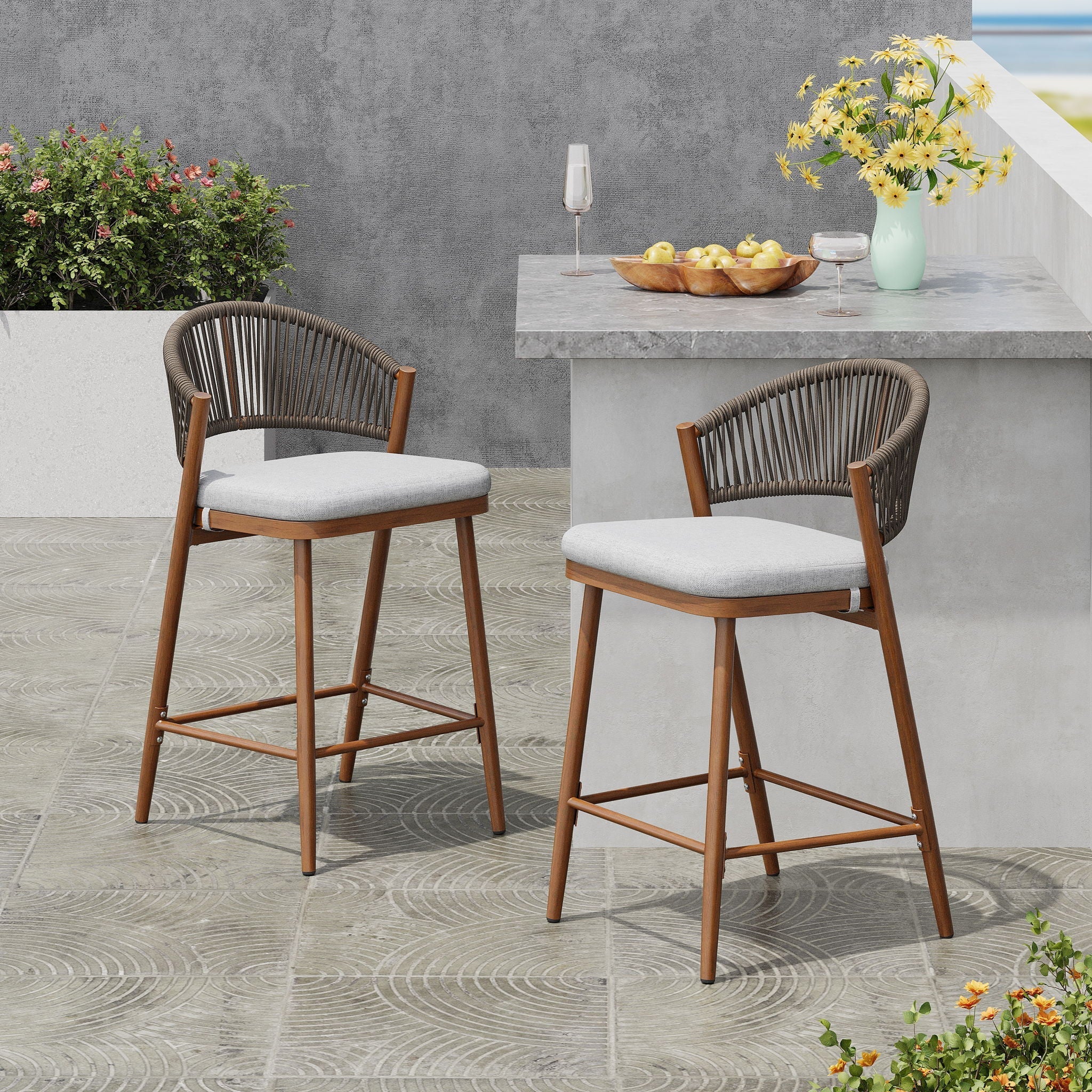 Outdoor 26" Counter Height Metal Frame Counter Stools With Scallop Shaped Backrest & Water Resistant Cushions - Image 16