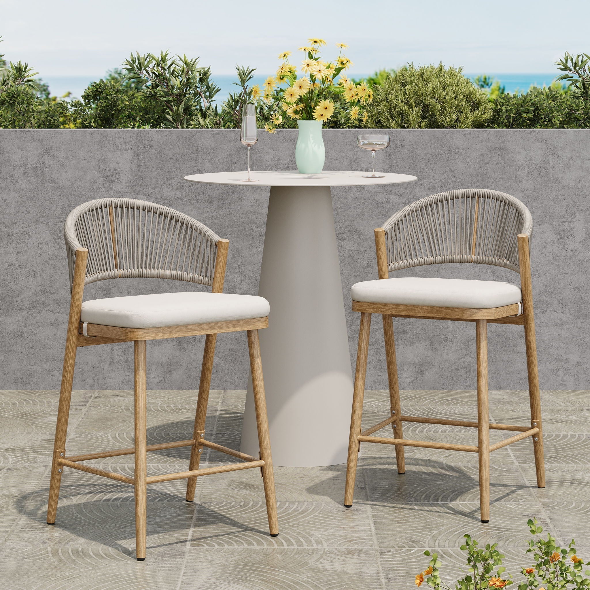 Outdoor 26" Counter Height Metal Frame Counter Stools With Scallop Shaped Backrest & Water Resistant Cushions - Image 5