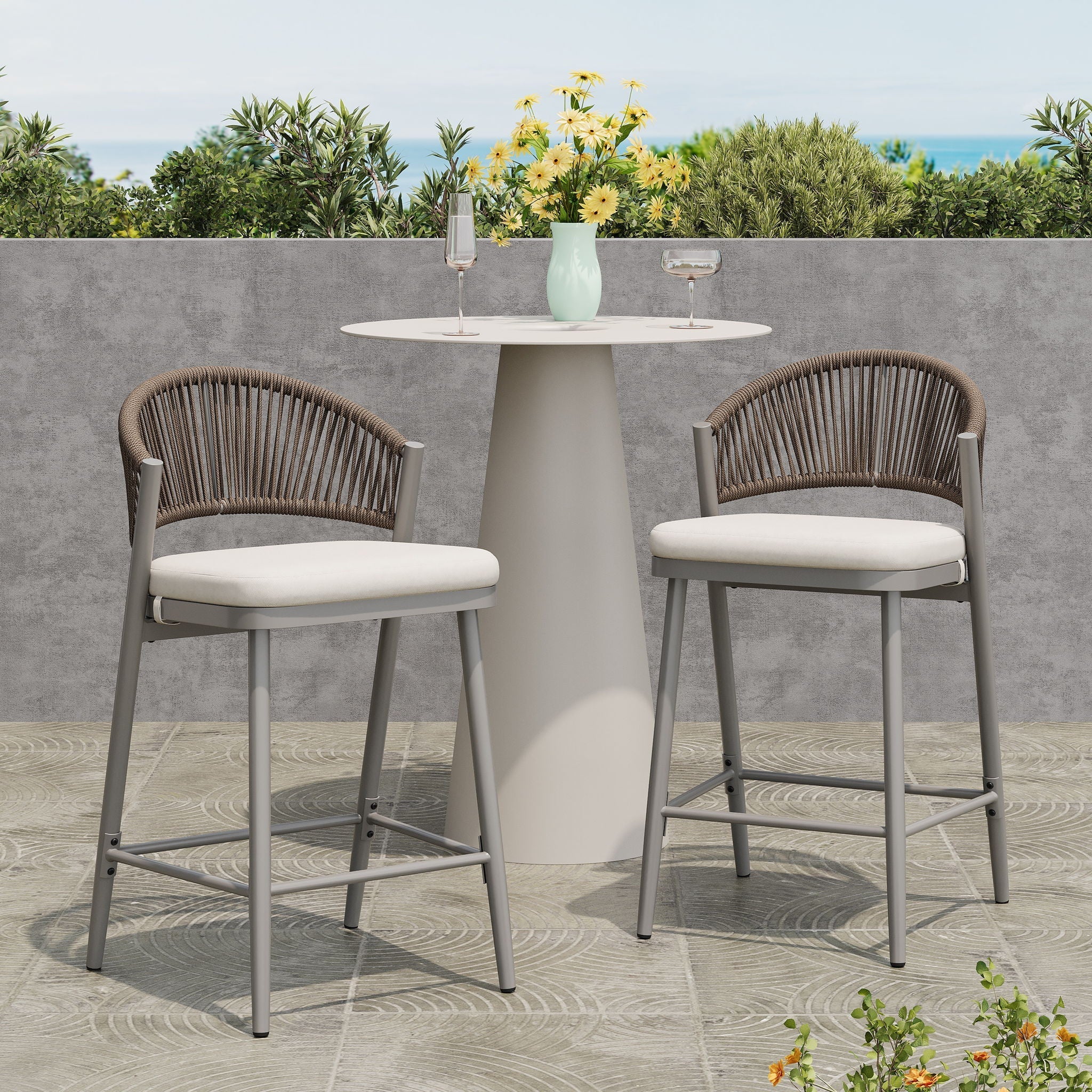 Outdoor 26" Counter Height Metal Frame Counter Stools With Scallop Shaped Backrest & Water Resistant Cushions - Image 7