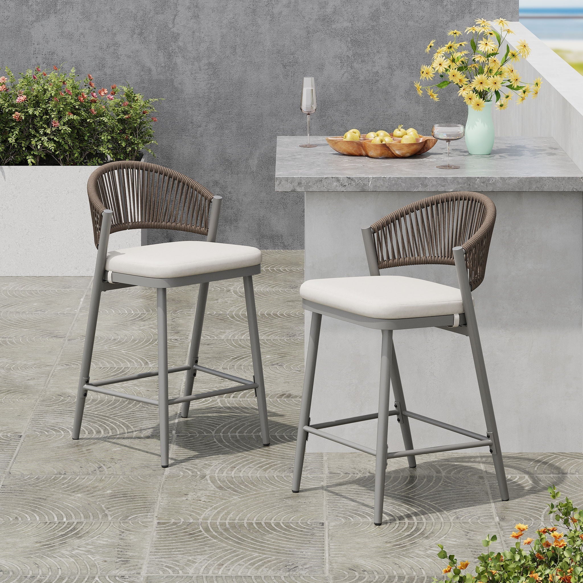 Outdoor 26" Counter Height Metal Frame Counter Stools With Scallop Shaped Backrest & Water Resistant Cushions - Image 8