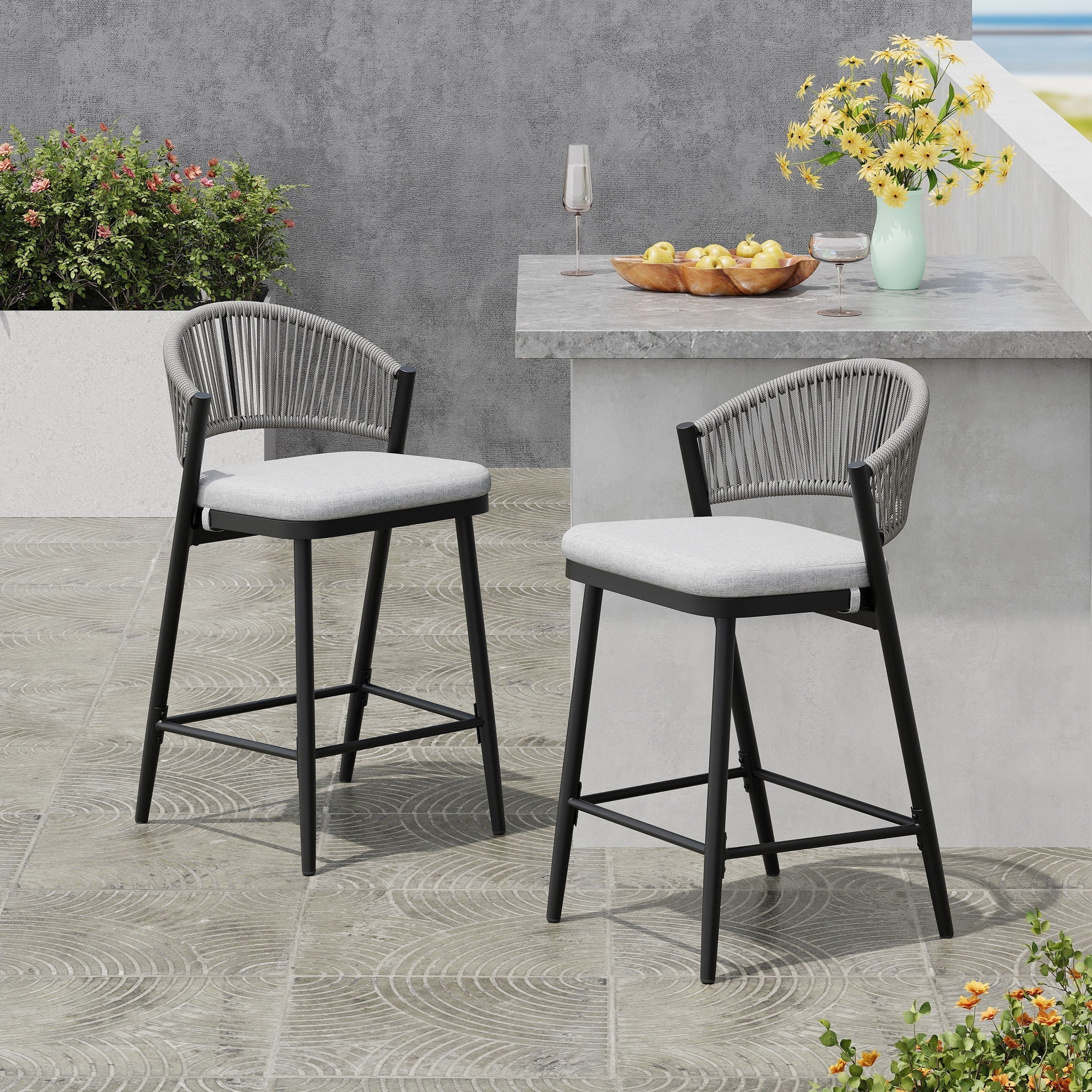Outdoor 26" Counter Height Metal Frame Counter Stools With Scallop Shaped Backrest & Water Resistant Cushions - Image 9