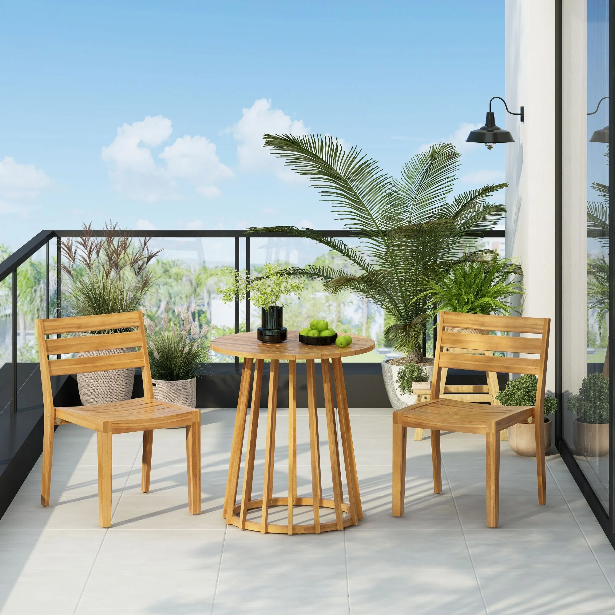 Outdoor 3 Pieces Dining Set, Round Bistro Set - Teak - Image 3