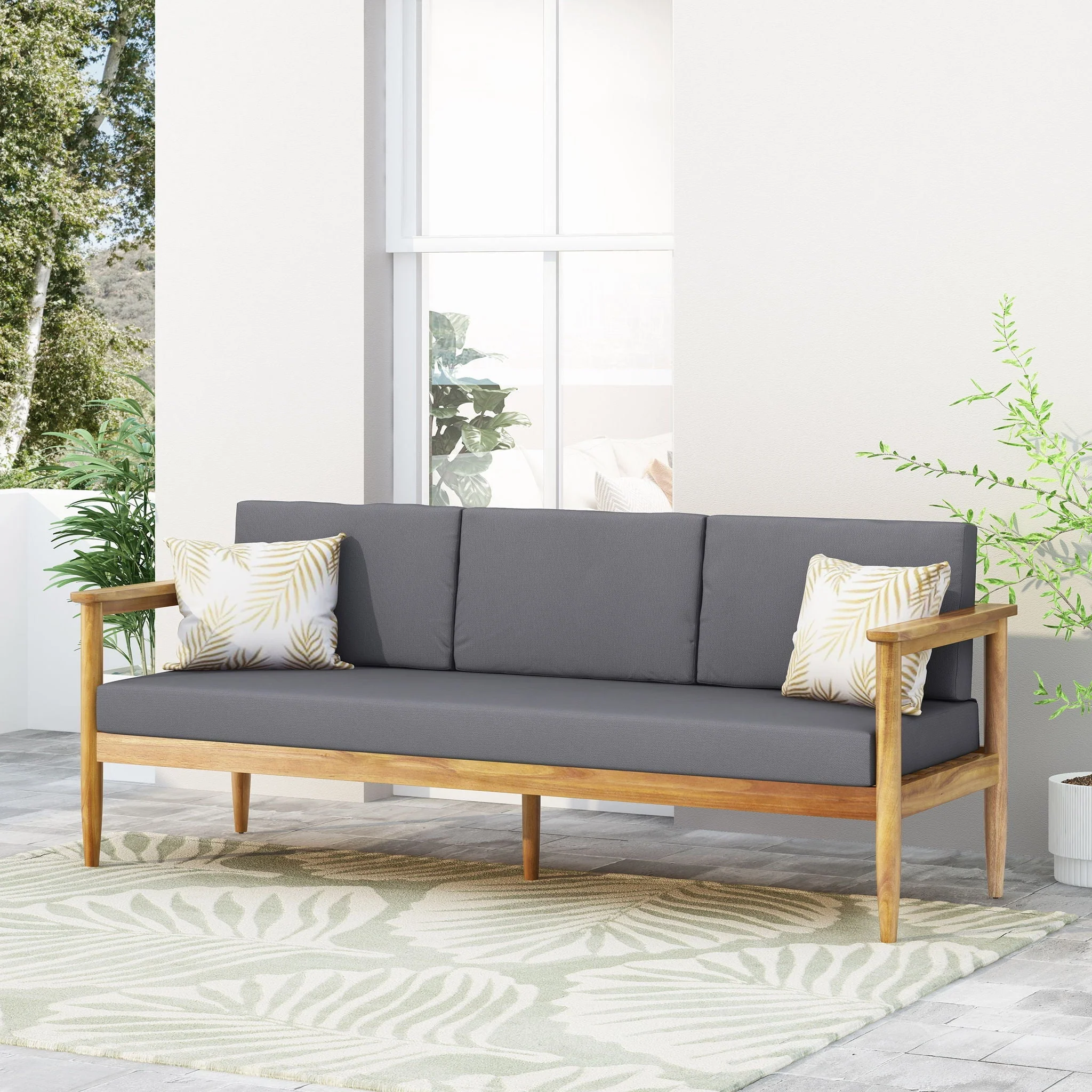 Outdoor 3-Seater Sofa with Cushion and Teak Acacia Wood - Dark Gray - Image 3