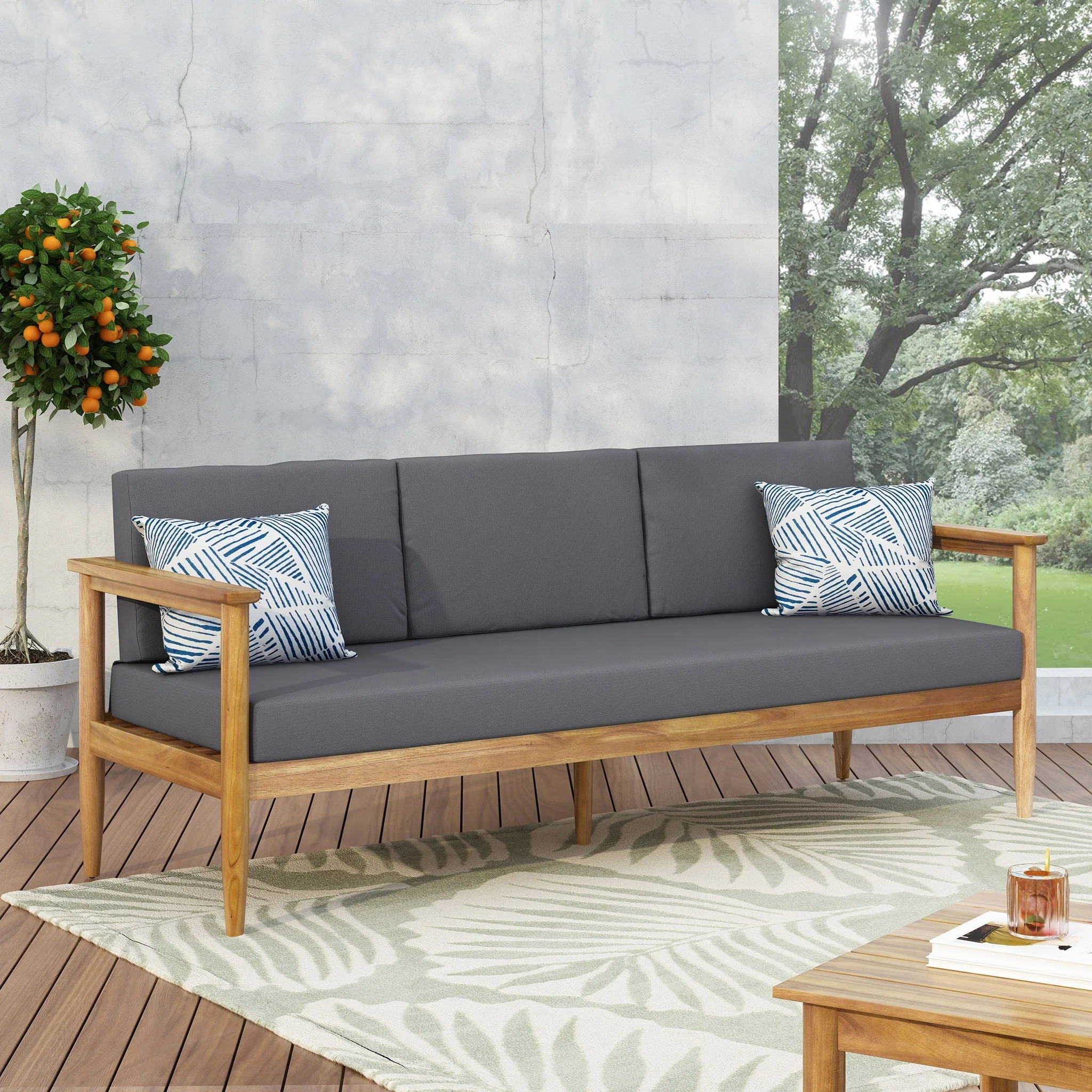 Outdoor 3-Seater Sofa with Cushion and Teak Acacia Wood - Dark Gray - Image 4