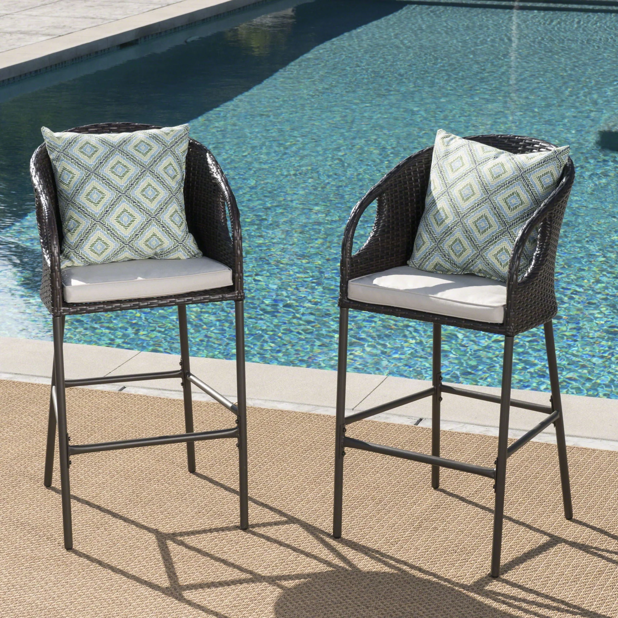 Outdoor 31" Rattan Barstools With Waterproof Cushions (Set of 2) - Multi Brown - Image 4