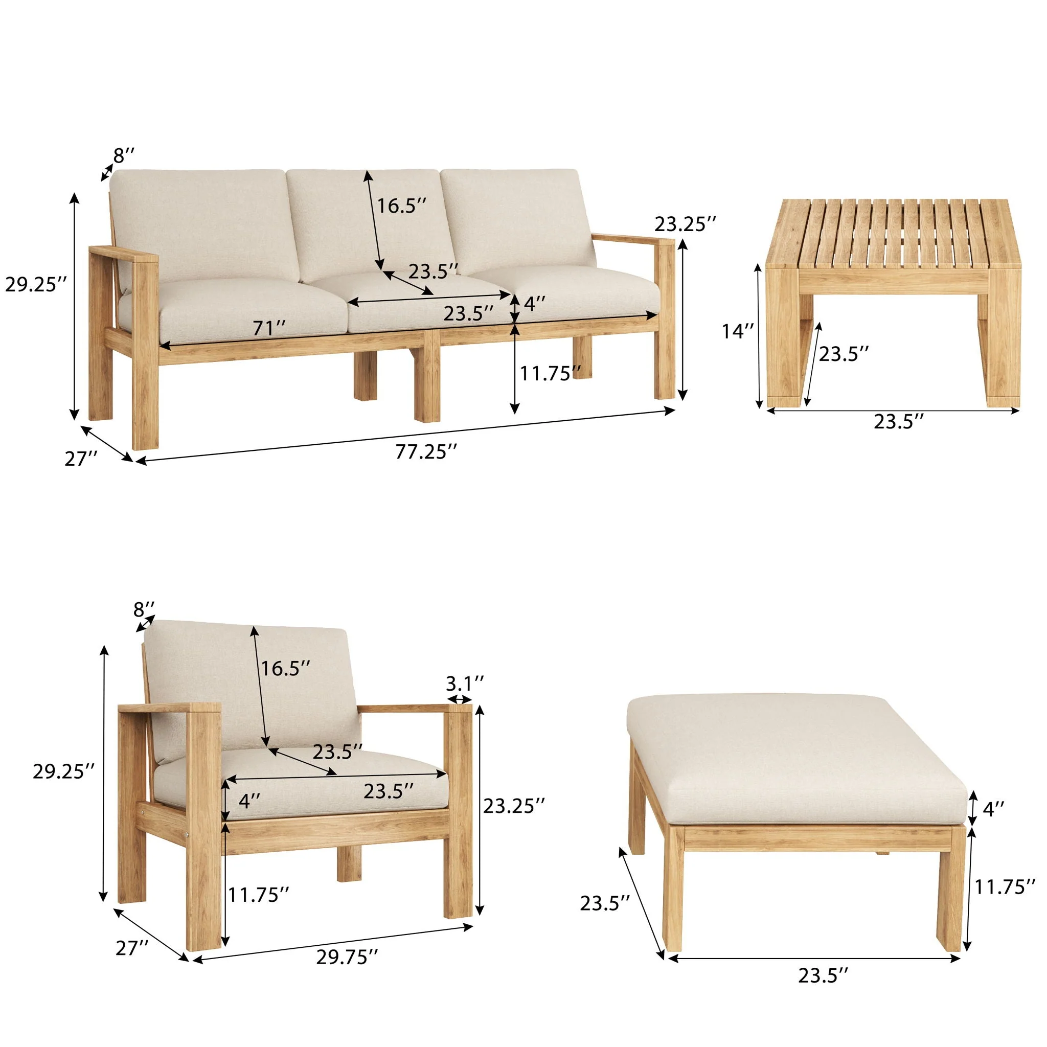 Outdoor 4 Pieces Acacia Sectional Patio Sofa Set - Light Gray / Teak - Image 2