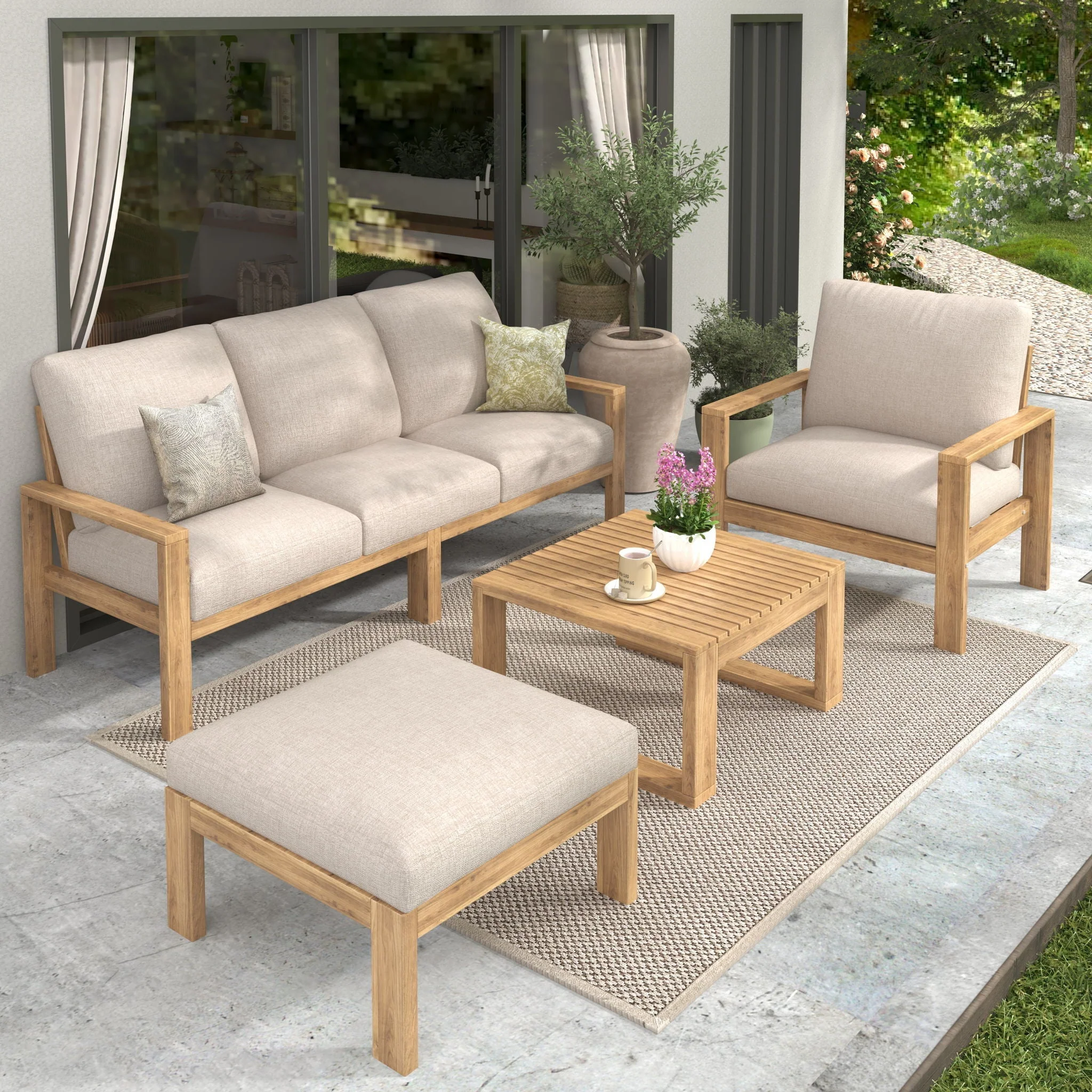 Outdoor 4 Pieces Acacia Sectional Patio Sofa Set - Light Gray / Teak - Image 3