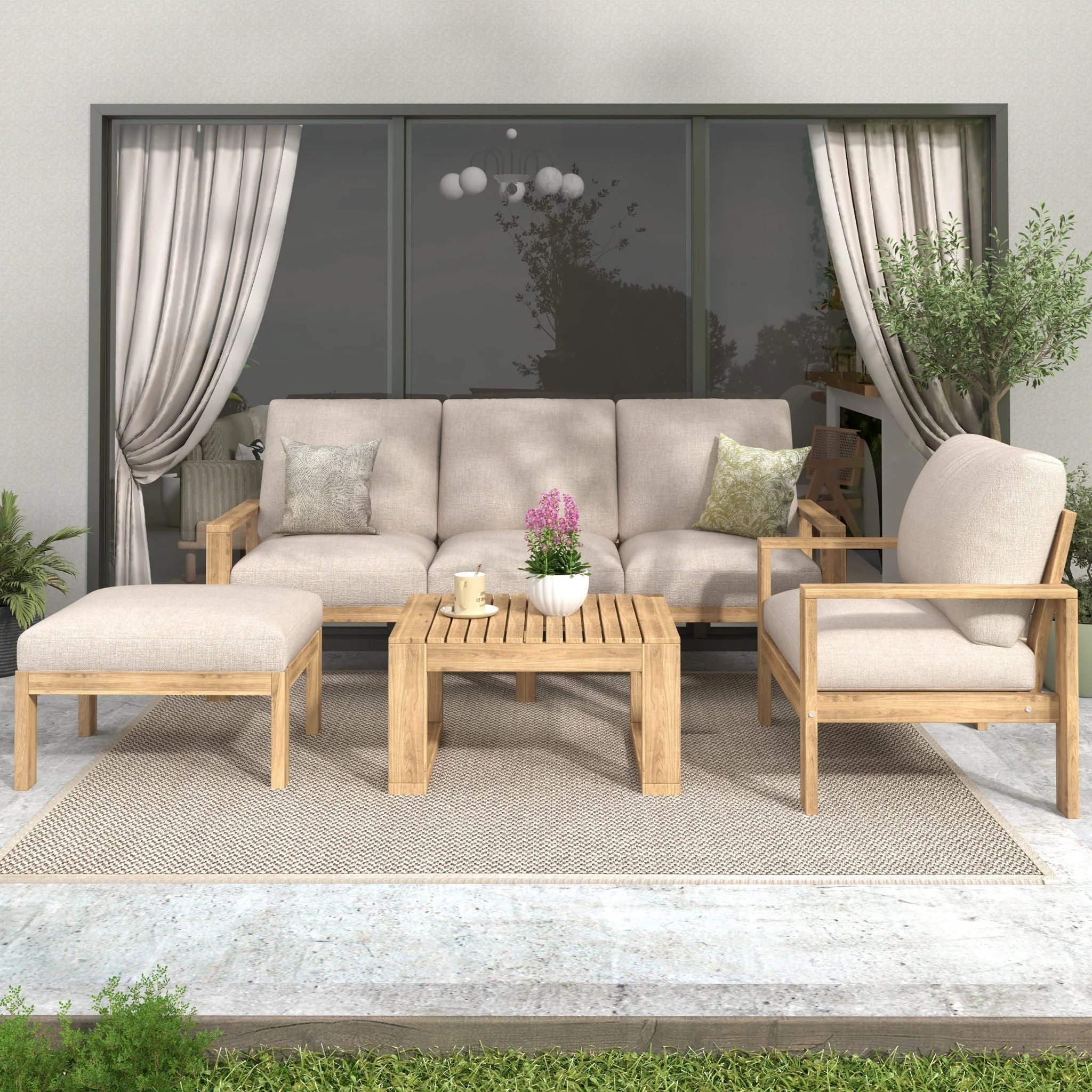 Outdoor 4 Pieces Acacia Sectional Patio Sofa Set - Light Gray / Teak - Image 4