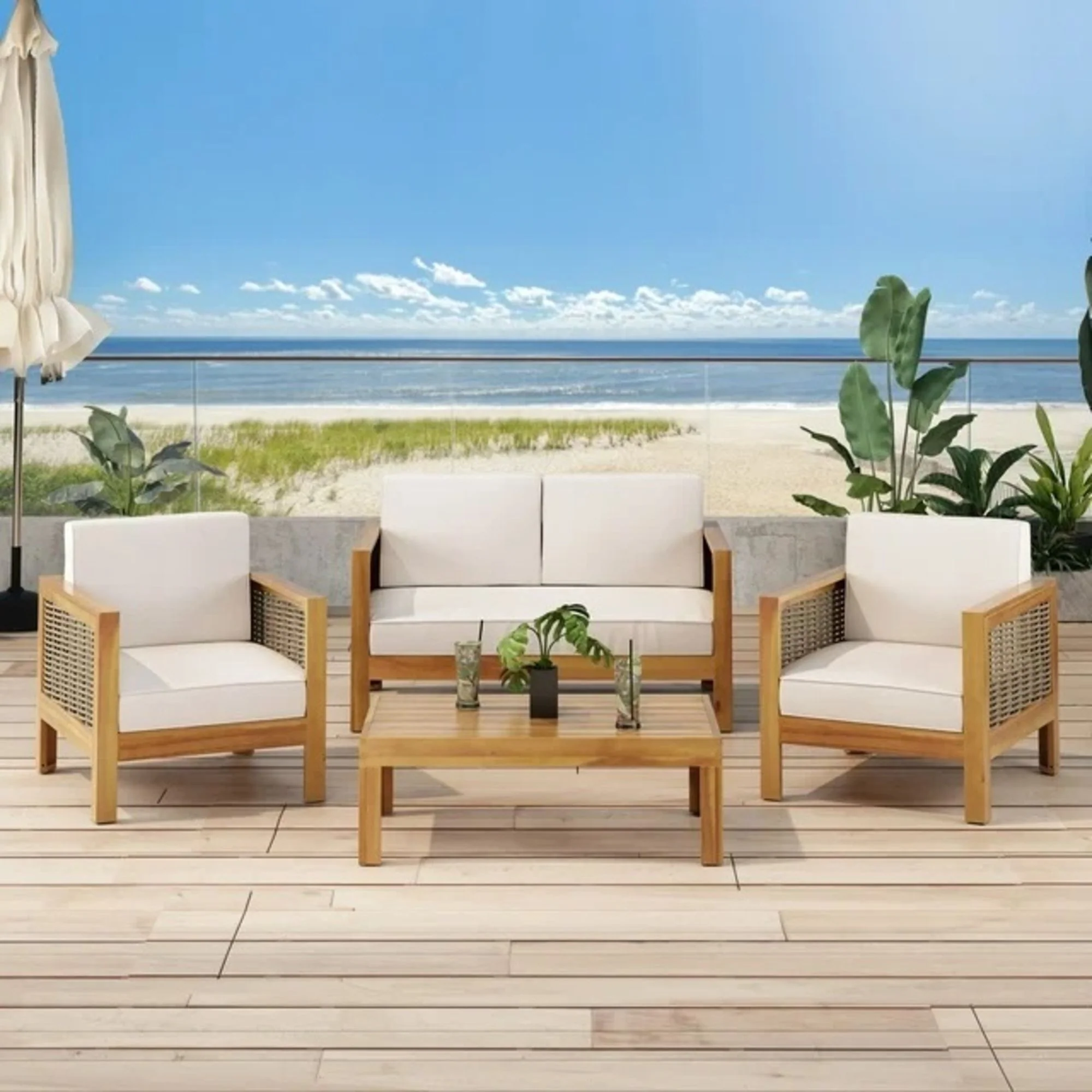 Outdoor 4 Seater Acacia Wood Chat Set With Wicker Accents And Cushions - Teak / Mixed Brown / Beige - Image 2