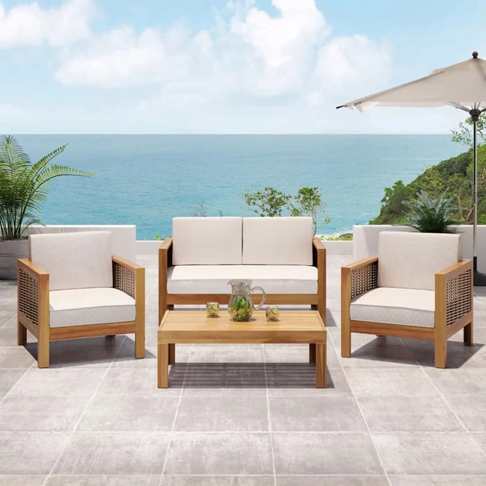 Outdoor 4 Seater Acacia Wood Chat Set With Wicker Accents And Cushions - Teak / Mixed Brown / Beige - Image 4