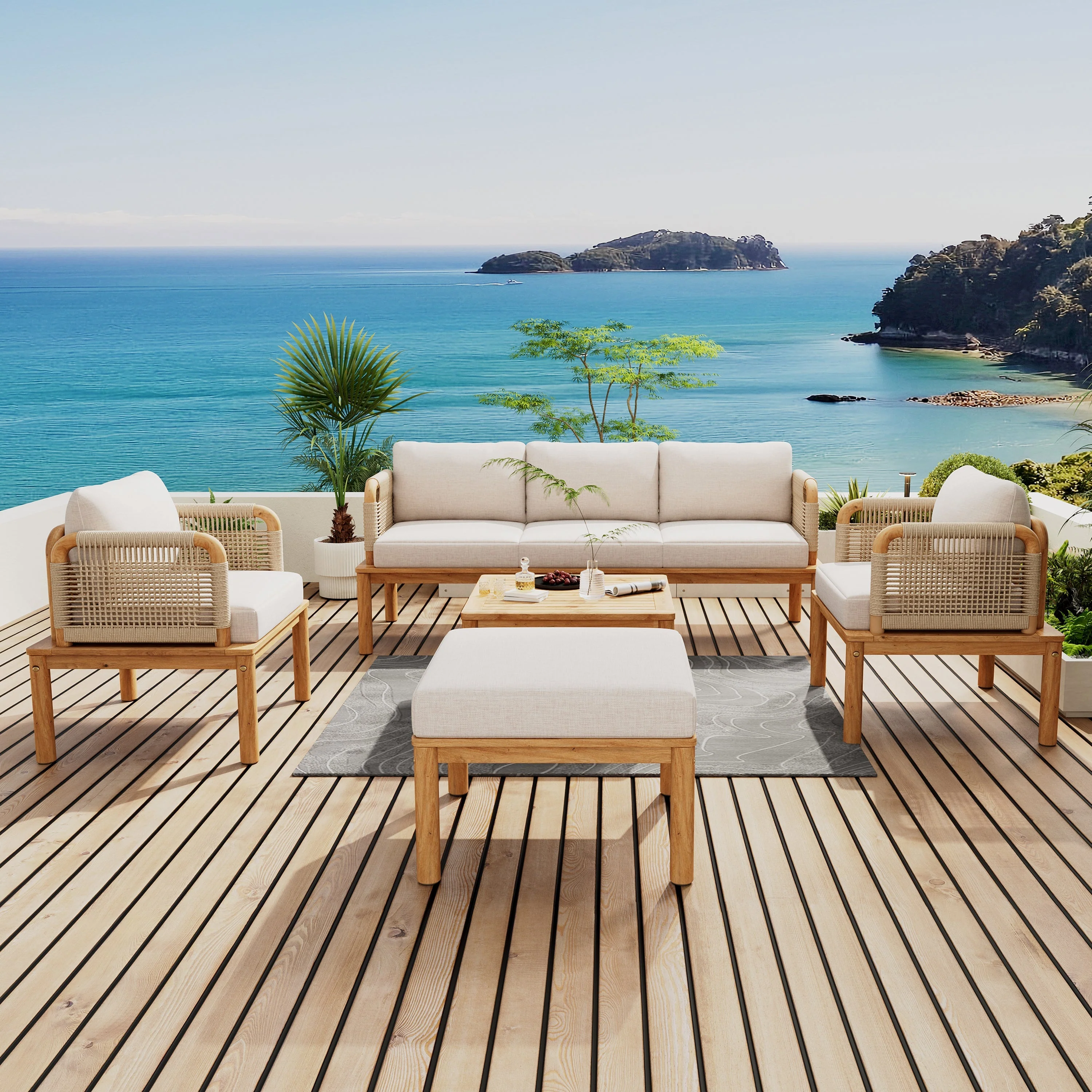 Outdoor 5-Piece Acacia Wood and Rope Patio Sofa Set - Image 2