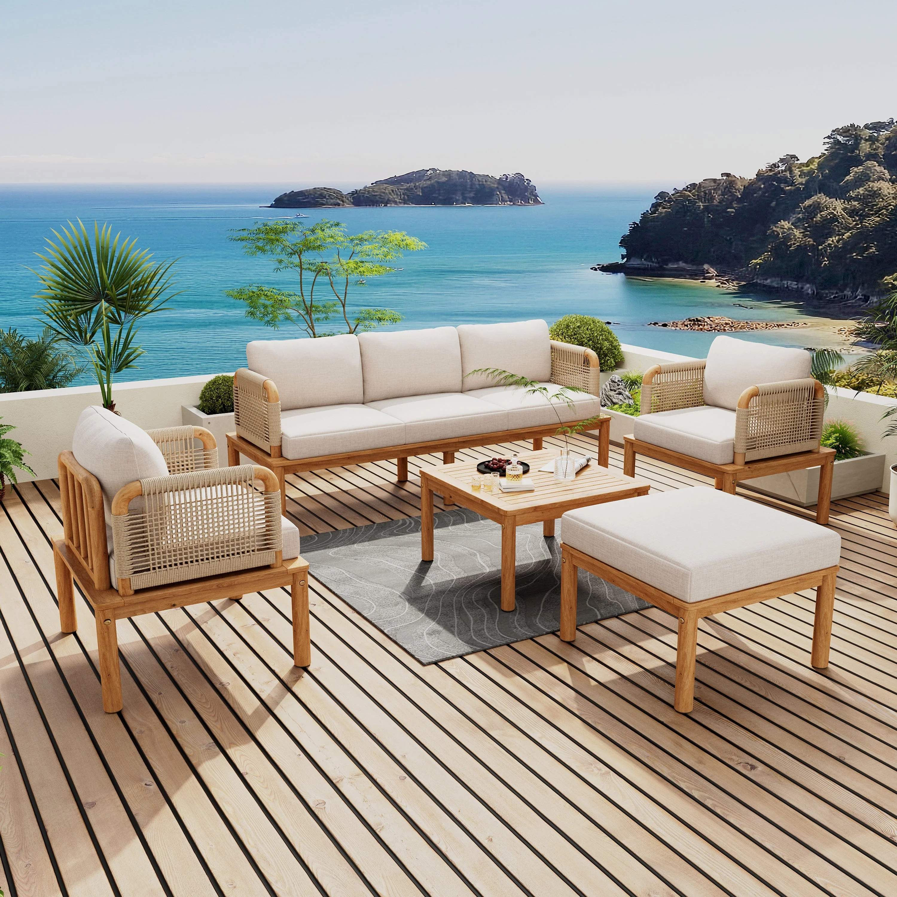Outdoor 5-Piece Acacia Wood and Rope Patio Sofa Set - Image 3