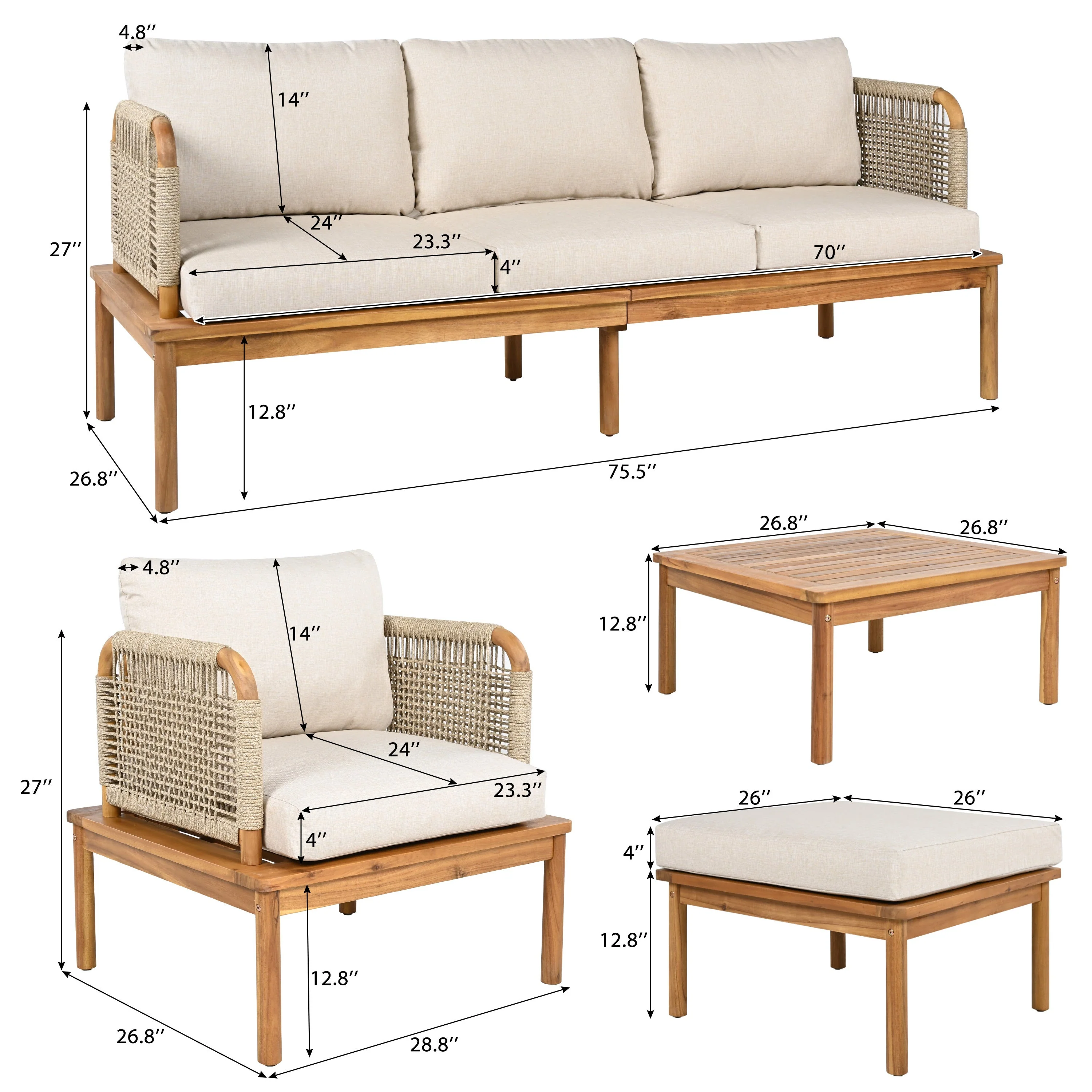 Outdoor 5-Piece Acacia Wood and Rope Patio Sofa Set - Image 8