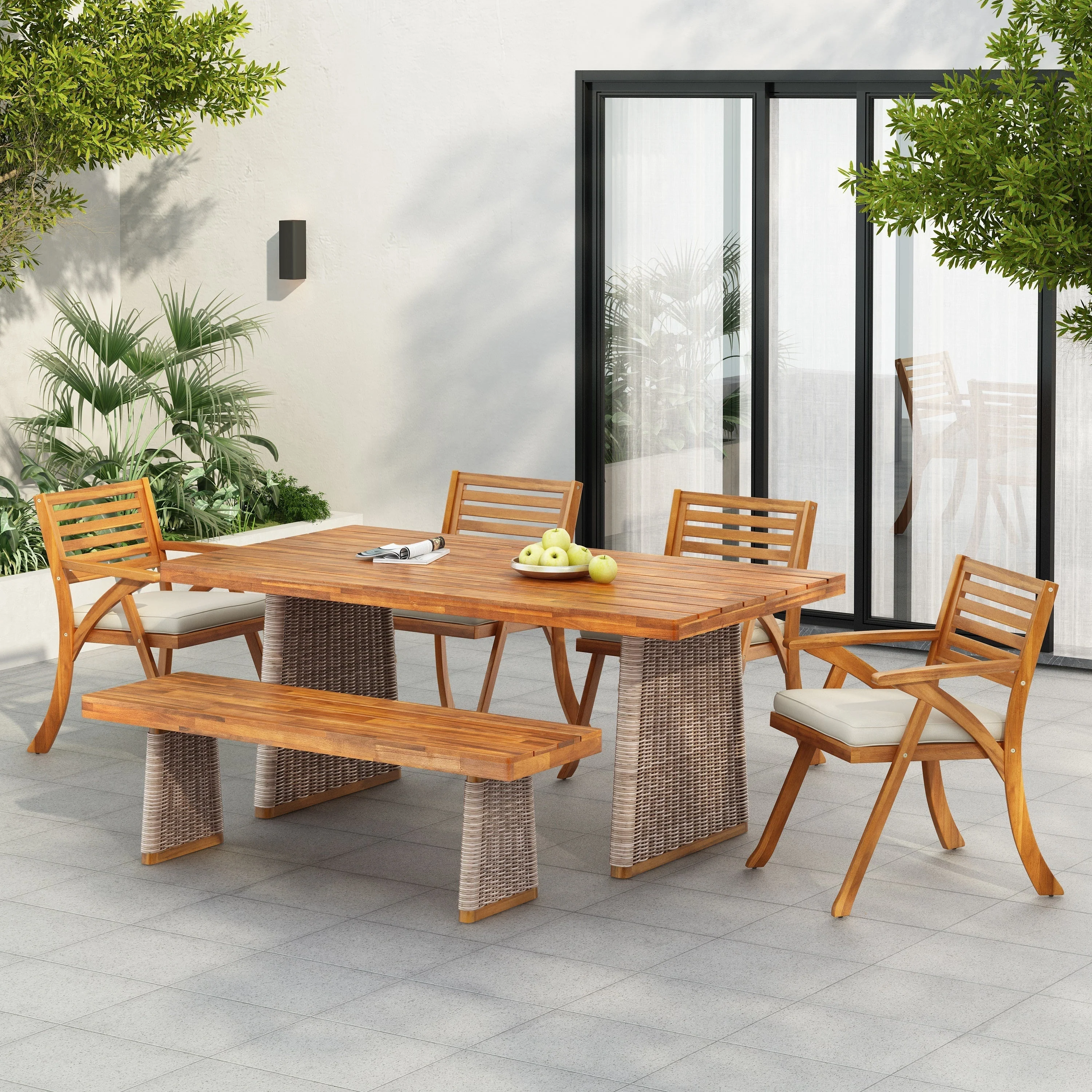 Outdoor 6 Pieces Acacia Wood Dining Set with Handwoven Rattan Legs, Brown Wicker - Image 2
