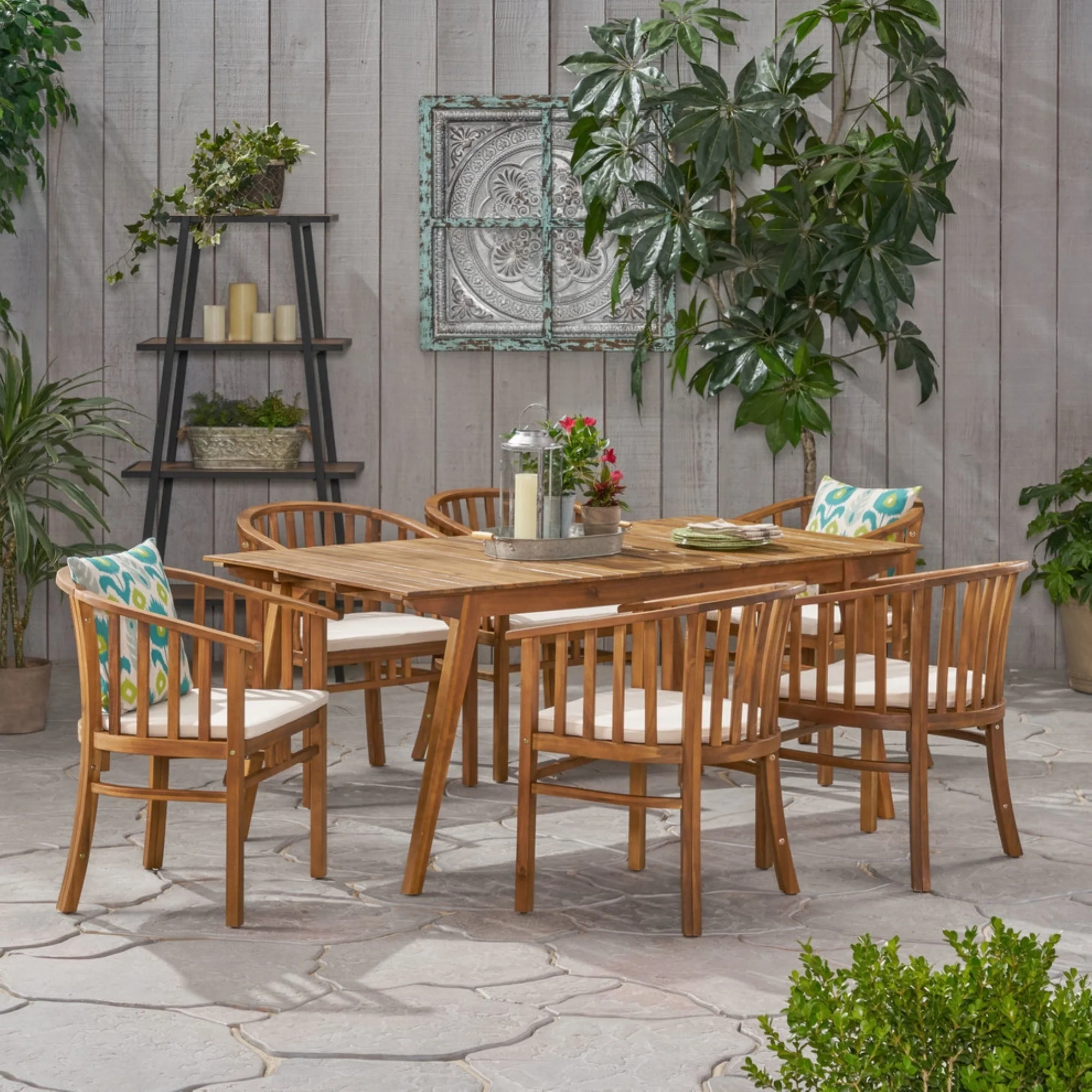 Outdoor 6 Seater Acacia Wood Dining Set with Cushions in Teak Finish and Cream Color - Image 2