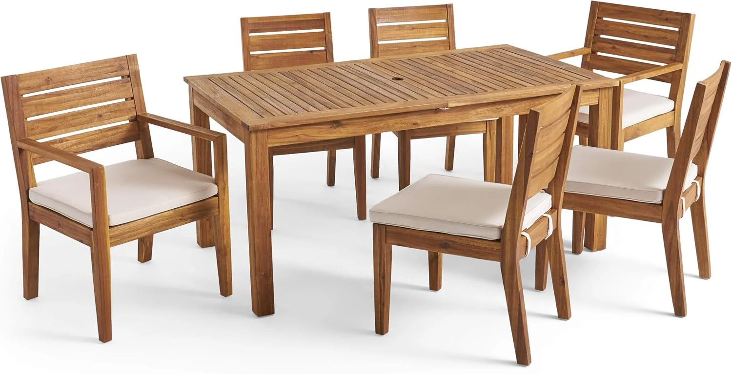 Outdoor 6-Seater Acacia Wood Expandable Dining Set with Cushions - Image 2