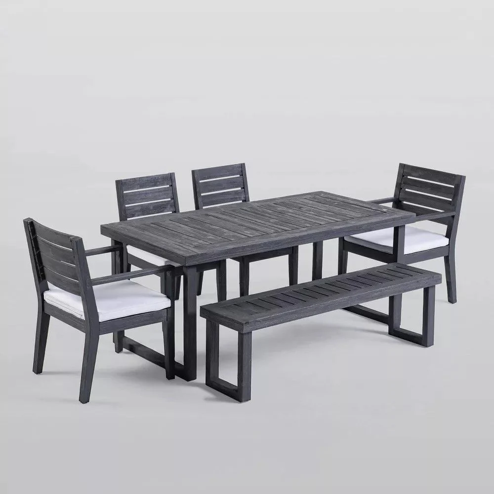 Outdoor 6 Seater Dining Set With Bench - Dark Gray / Light Gray - Image 4