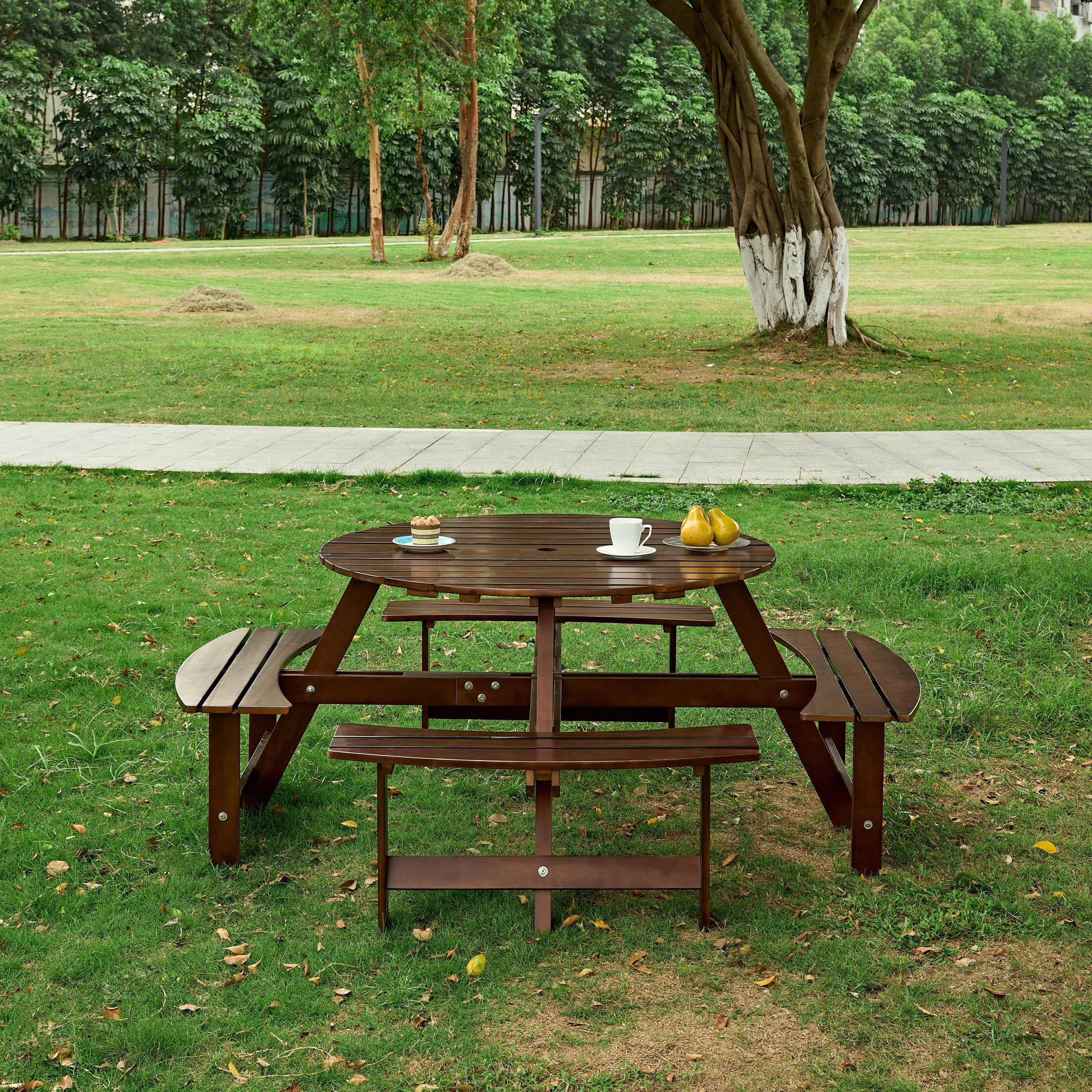 Outdoor 8 Person Round Picnic Table with Built-In Benches - Image 2
