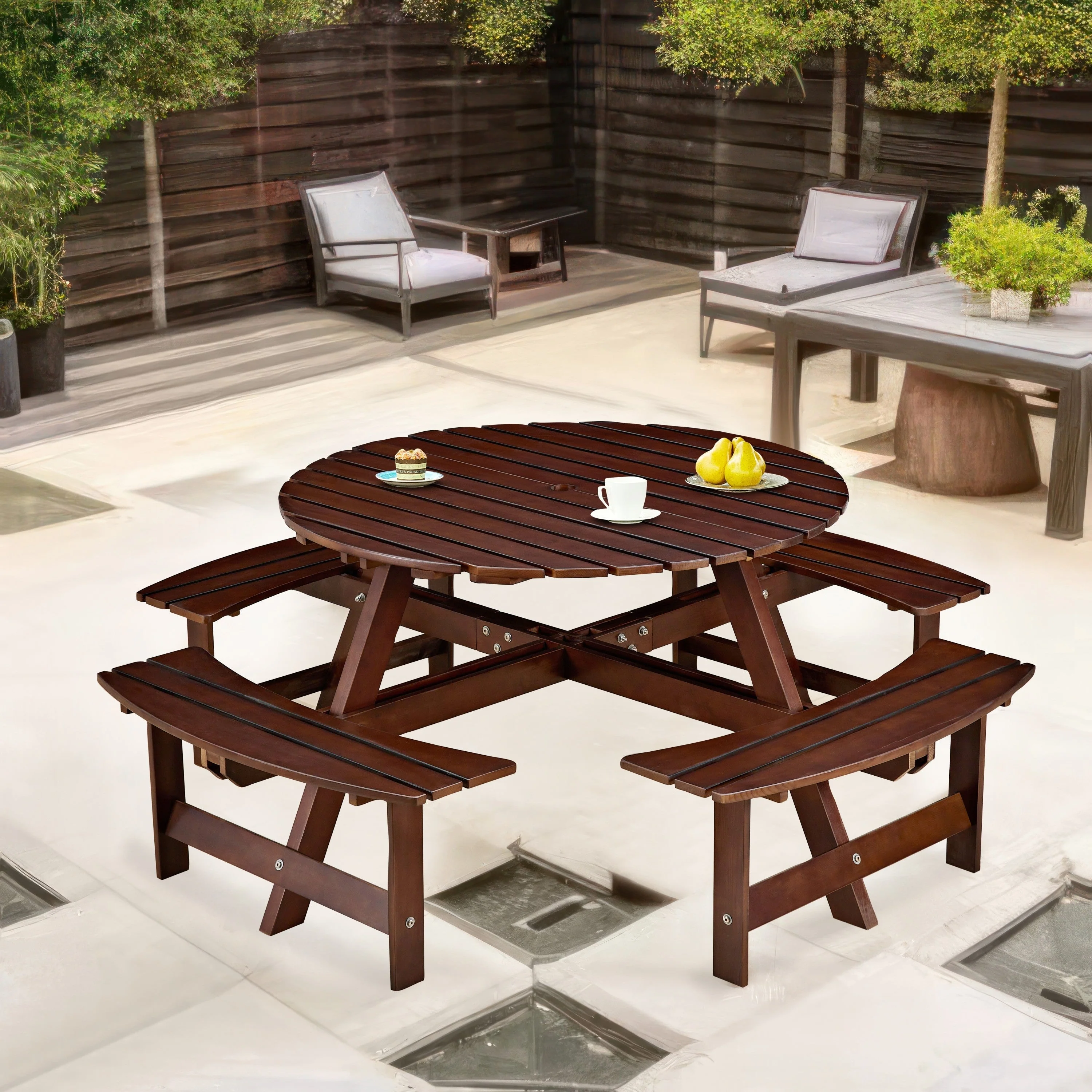 Outdoor 8 Person Round Picnic Table with Built-In Benches - Image 3