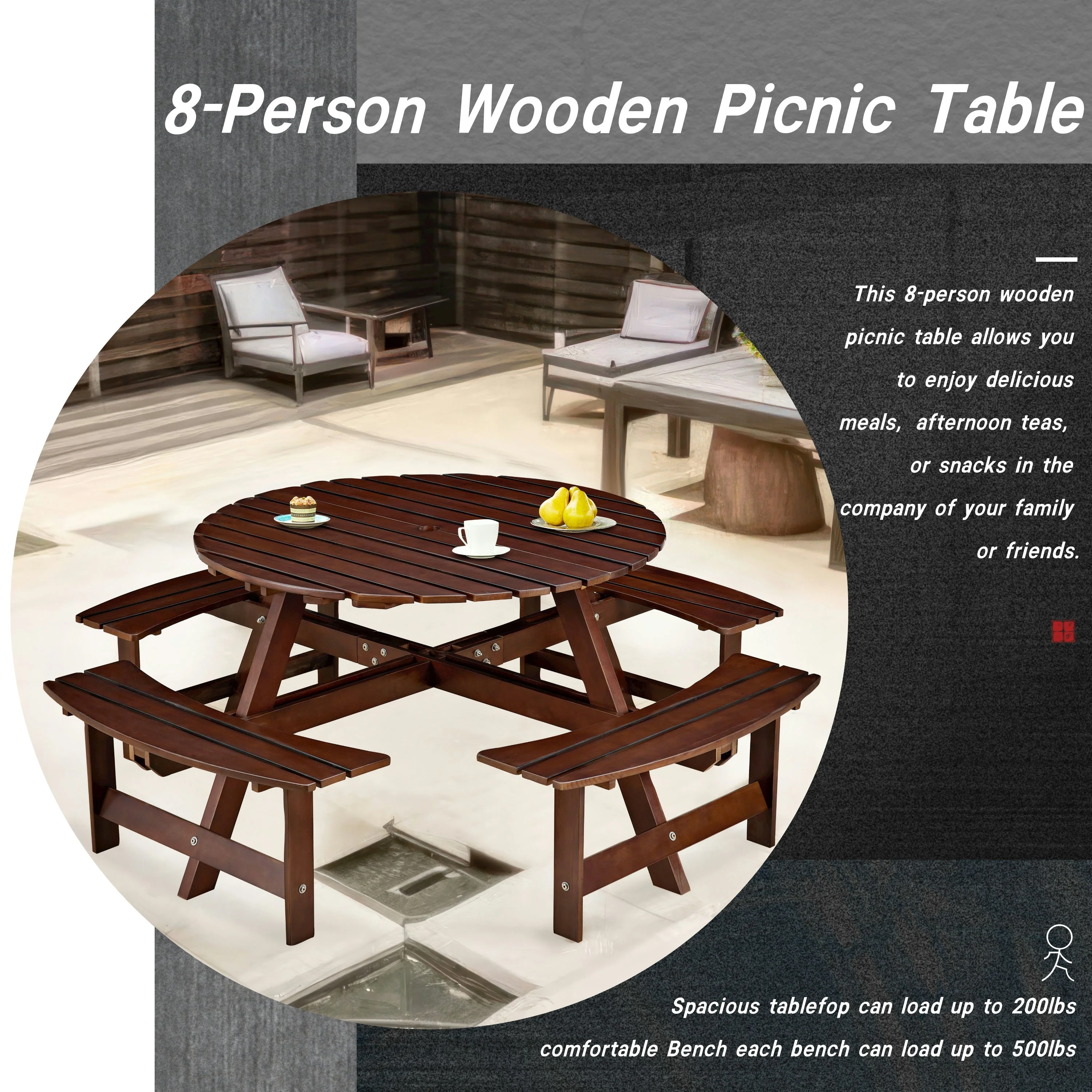 Outdoor 8 Person Round Picnic Table with Built-In Benches - Image 4
