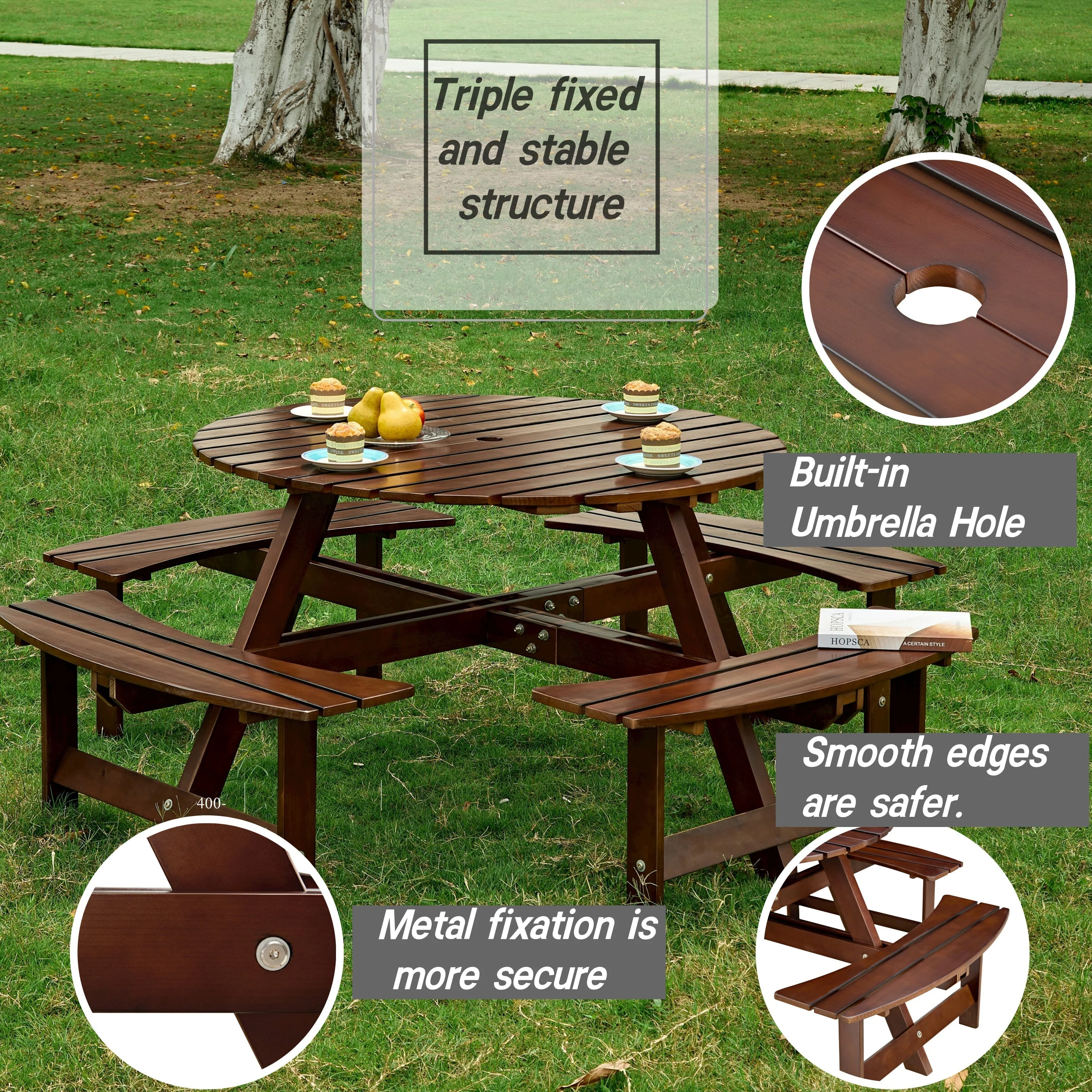 Outdoor 8 Person Round Picnic Table with Built-In Benches - Image 6