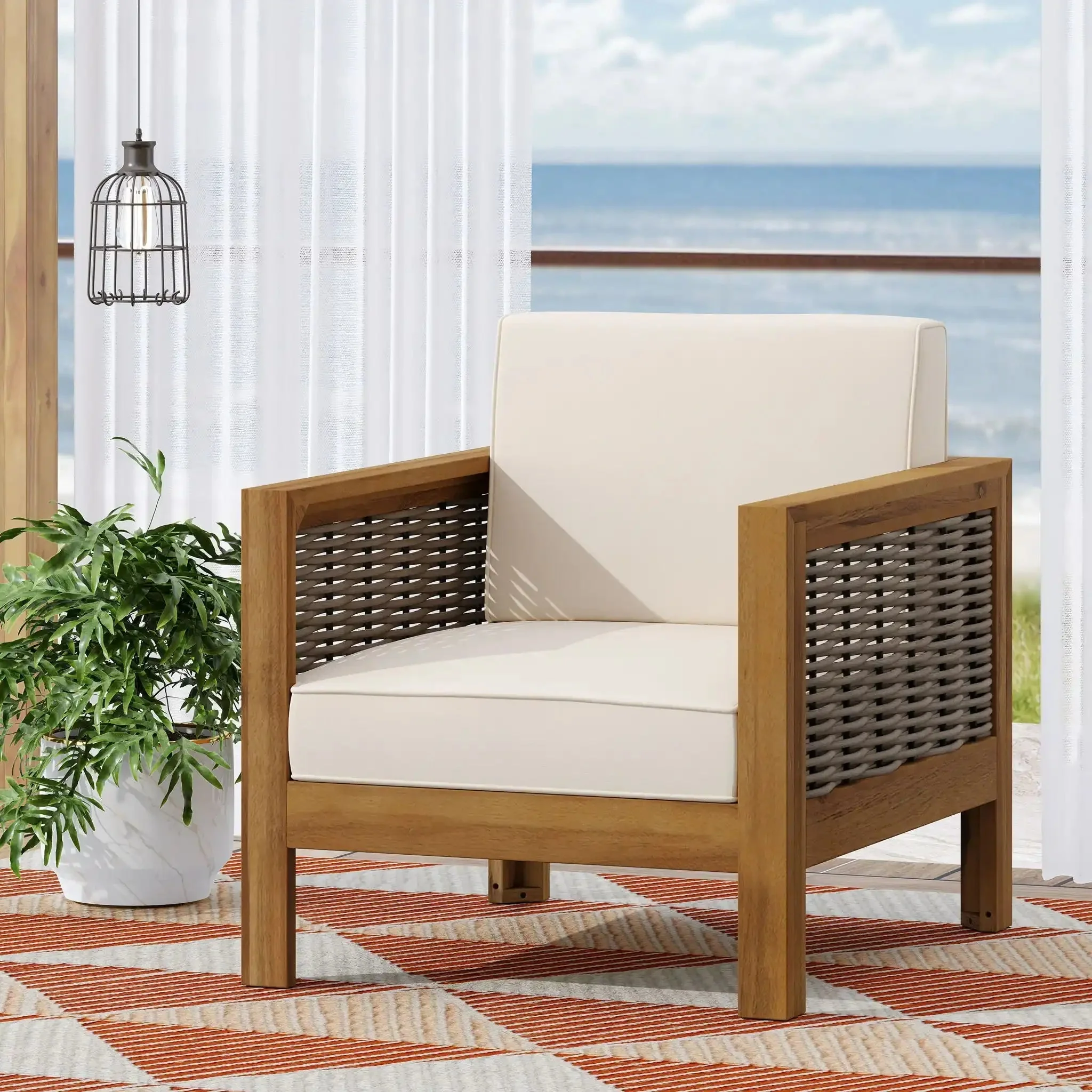 Outdoor Acacia Wood Club Chair With Wicker Accents - Image 5