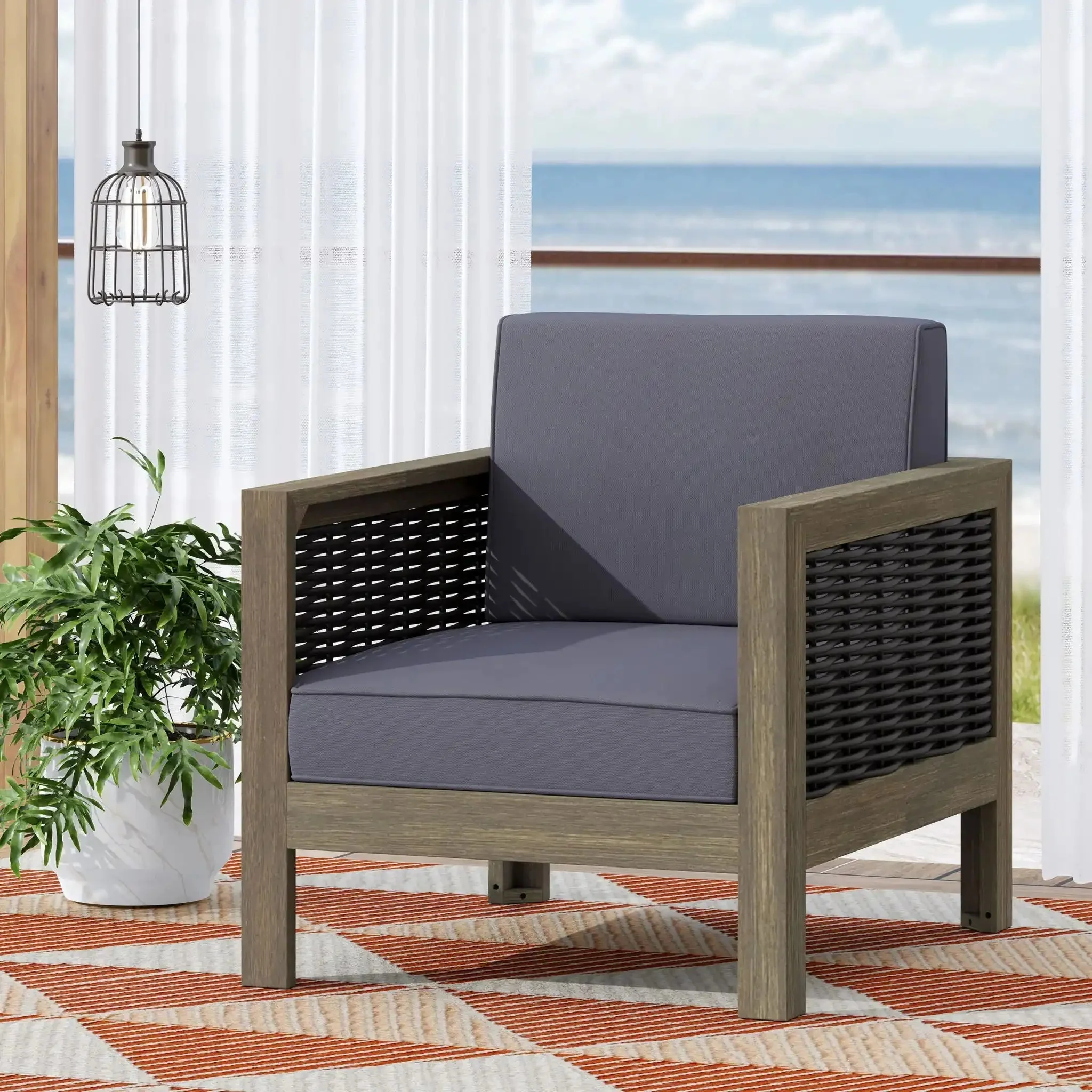 Outdoor Acacia Wood Club Chair With Wicker Accents - Image 6