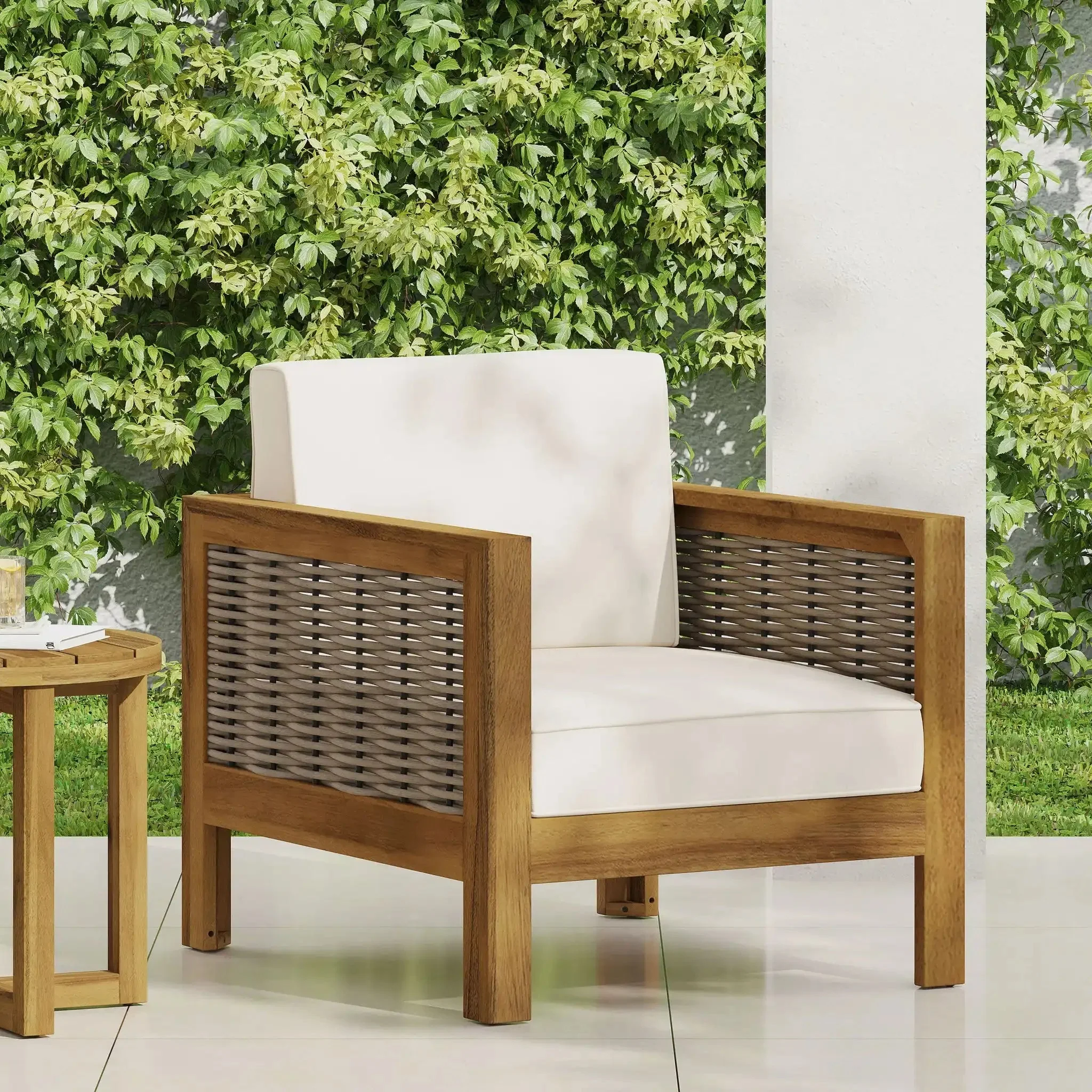 Outdoor Acacia Wood Club Chair With Wicker Accents - Image 8