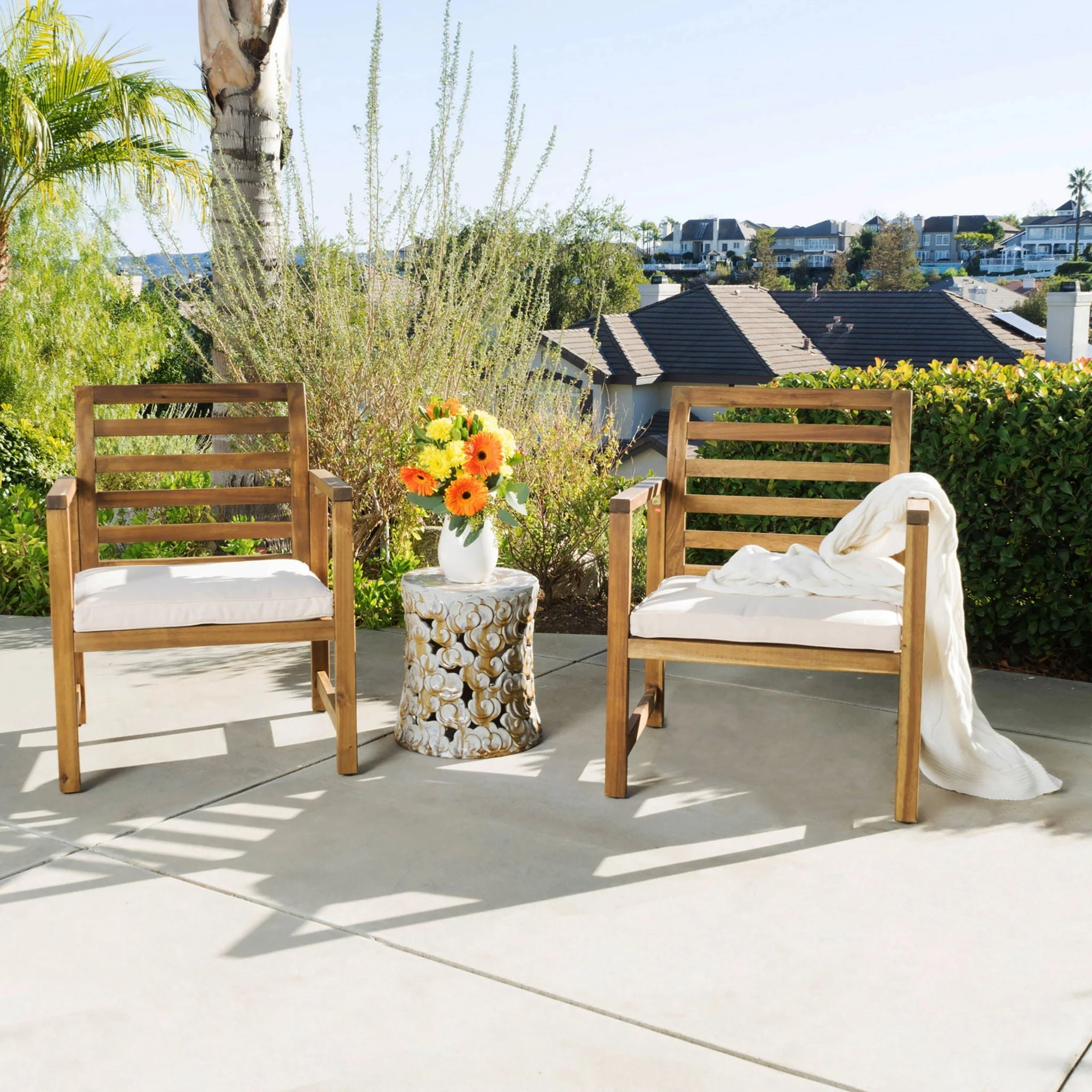 Outdoor Acacia Wood Club Chairs, 2 Pieces Set - Natural Stained / White - Image 2