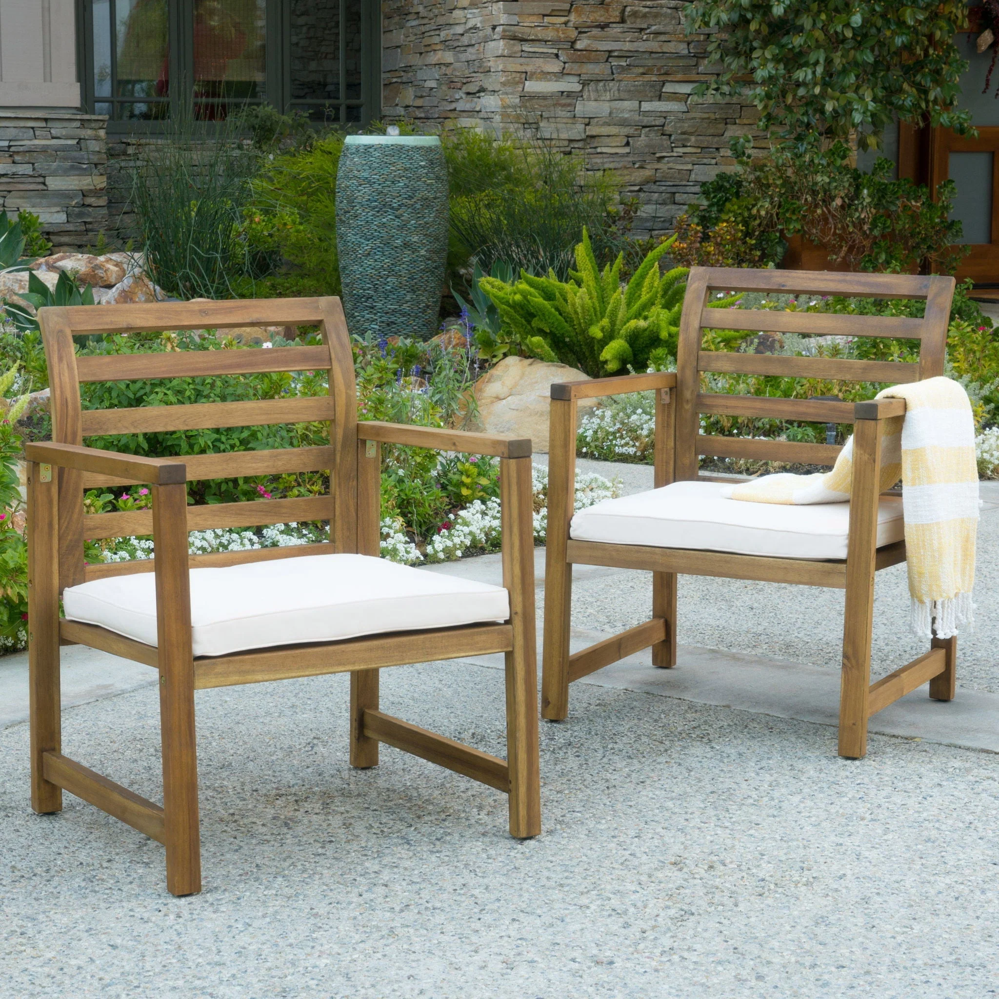 Outdoor Acacia Wood Club Chairs, 2 Pieces Set - Natural Stained / White - Image 4