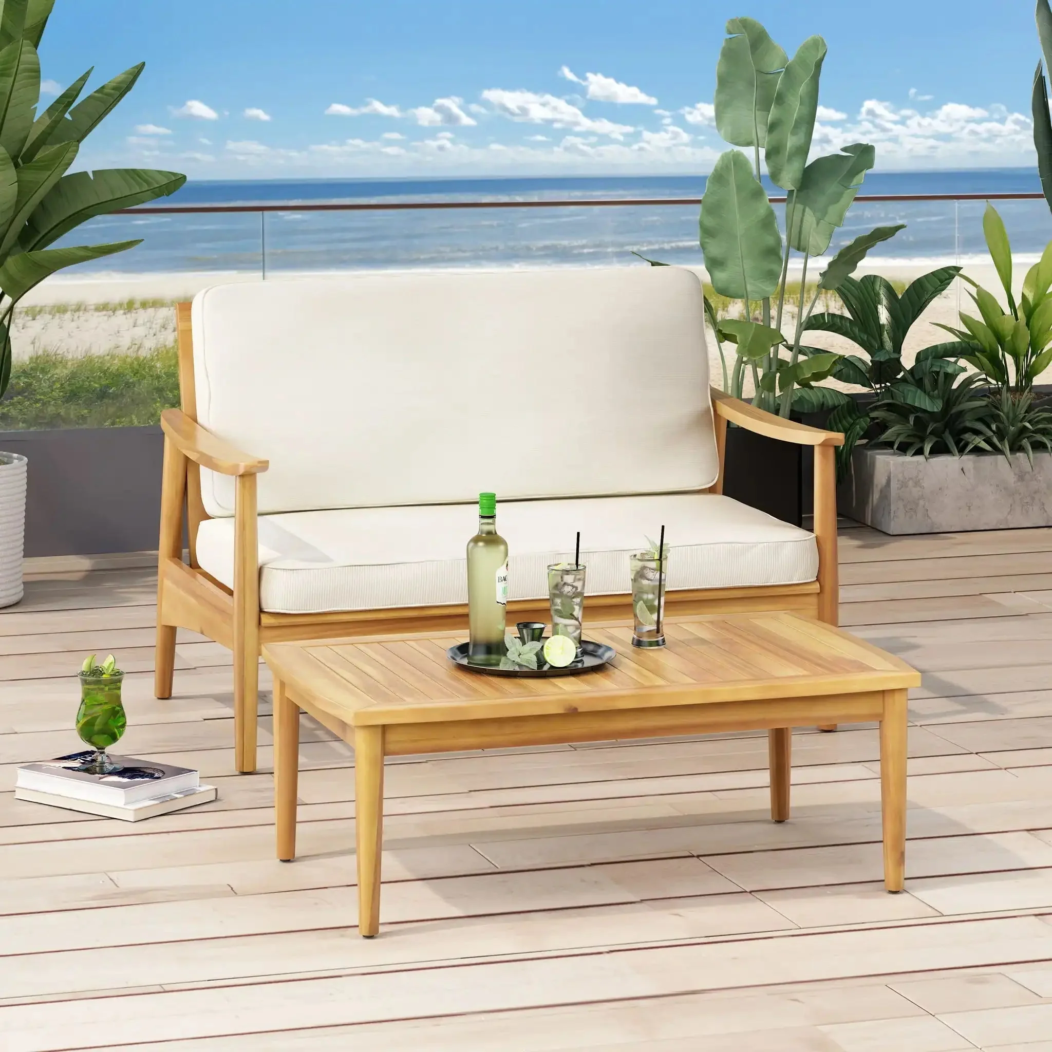 Outdoor Acacia Wood Loveseat Set With Coffee Table - Image 4