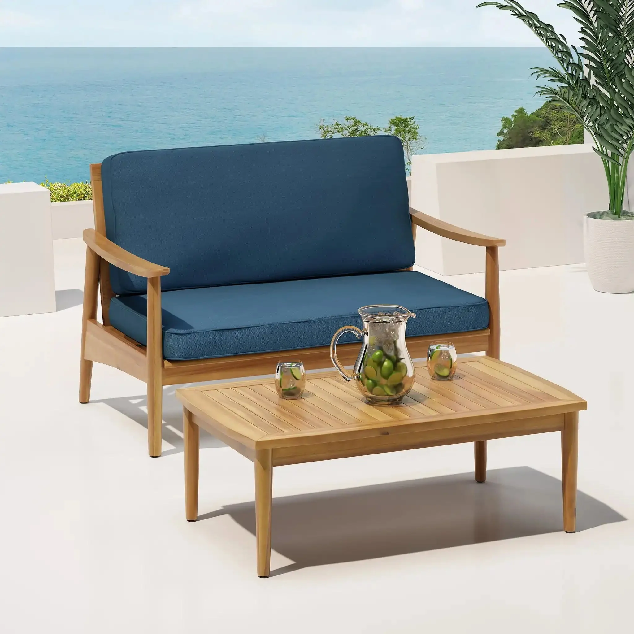 Outdoor Acacia Wood Loveseat Set With Coffee Table - Image 6