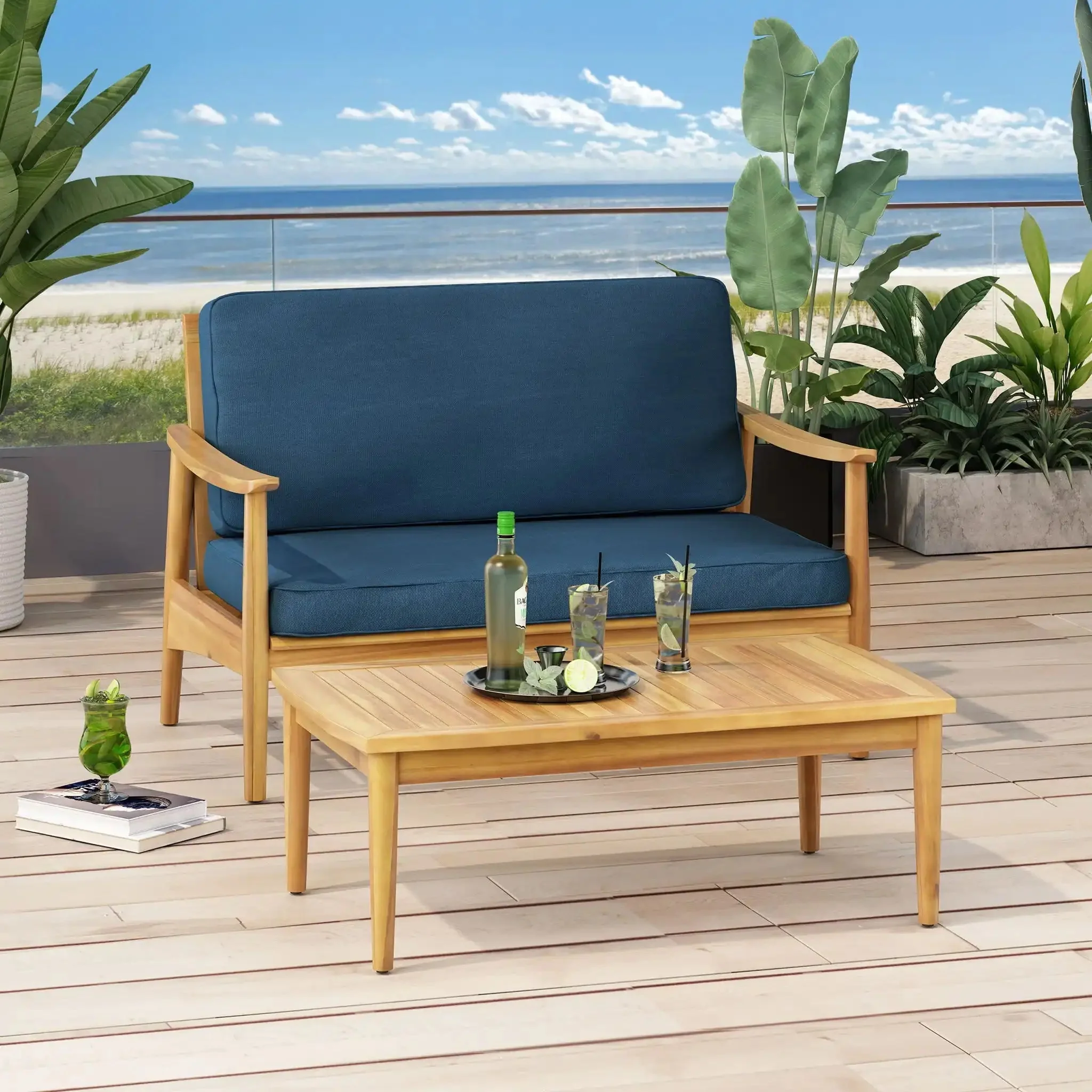 Outdoor Acacia Wood Loveseat Set With Coffee Table - Image 7