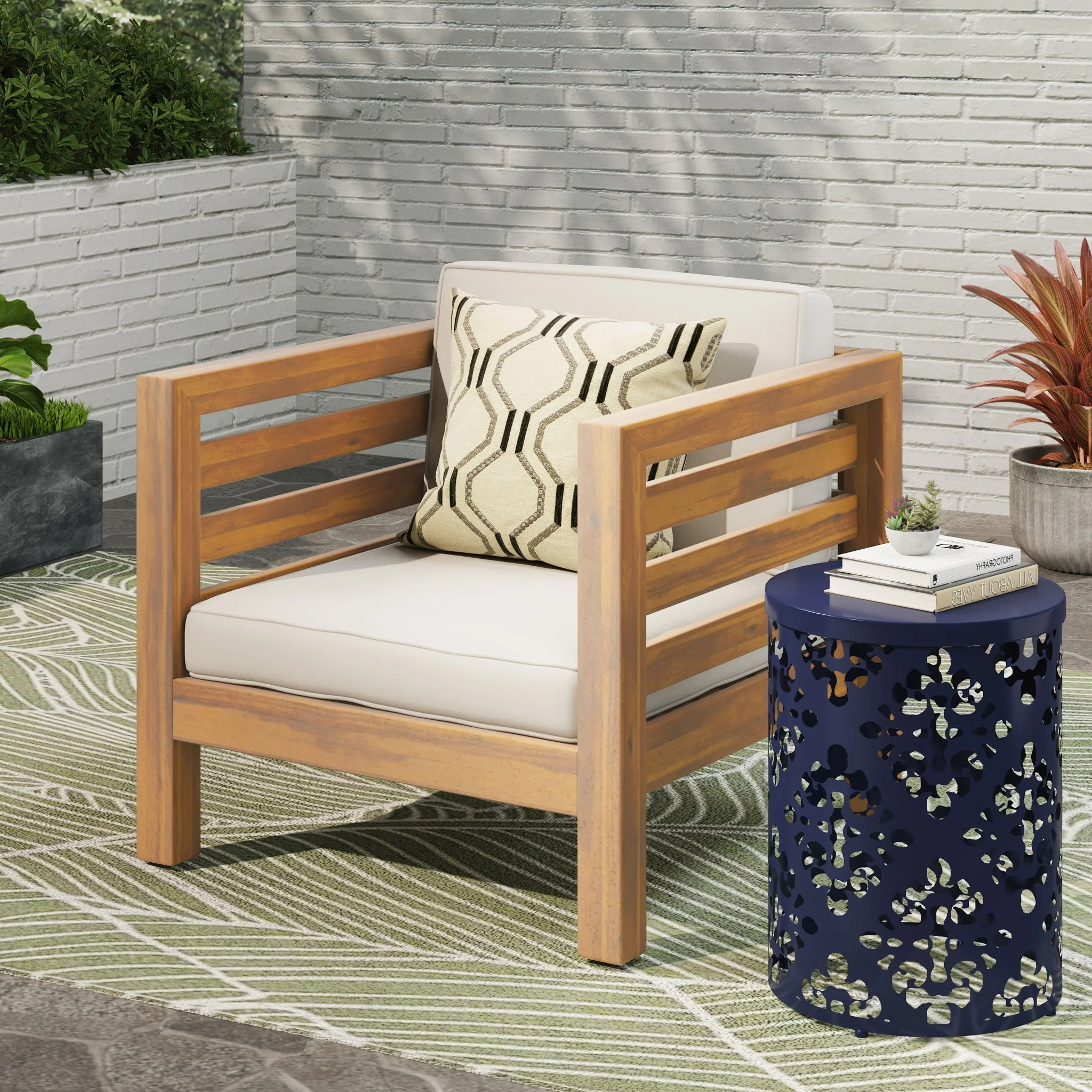 Outdoor Acacia Wood Patio Chair With Fabric Cushion - Image 10