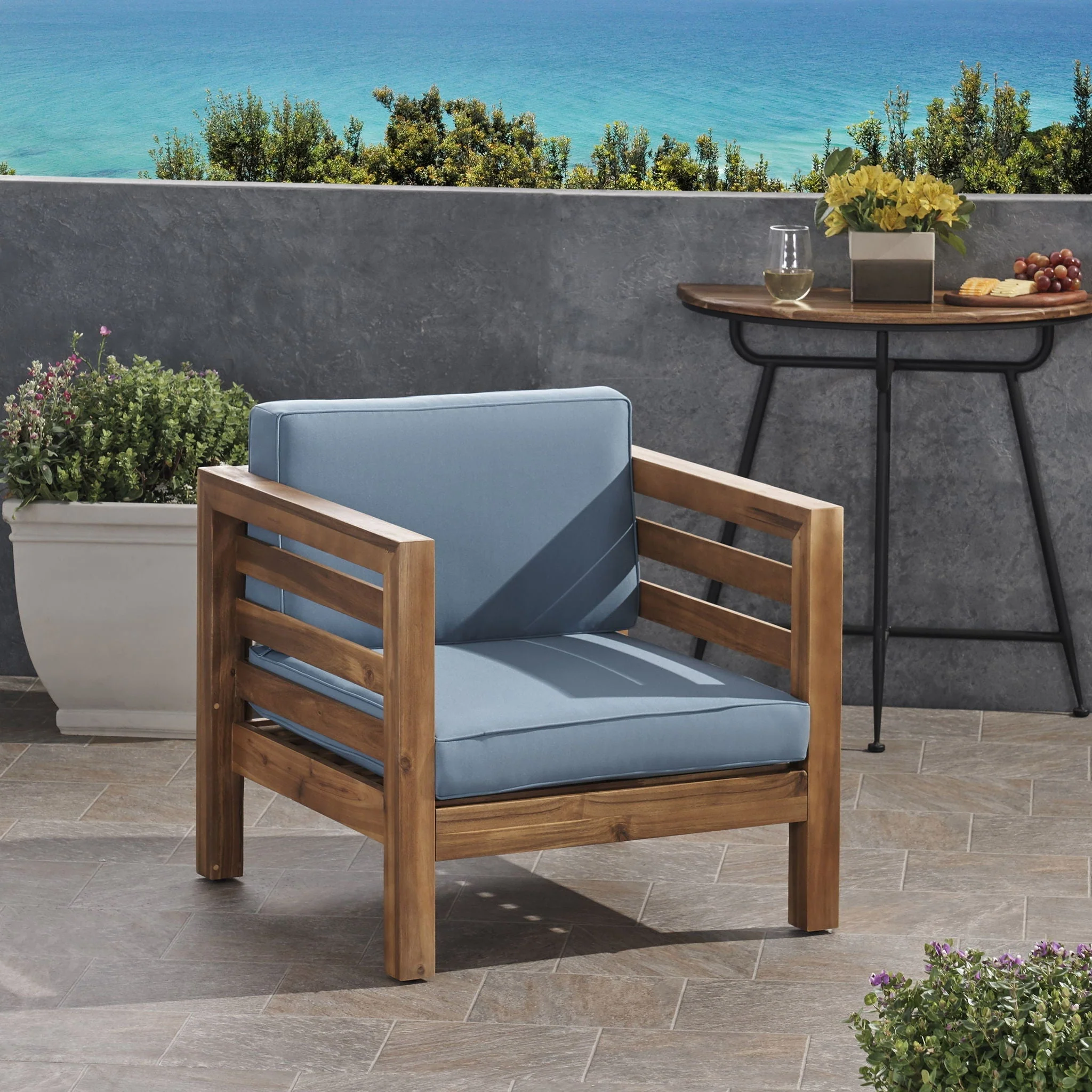 Outdoor Acacia Wood Patio Chair With Fabric Cushion - Image 9