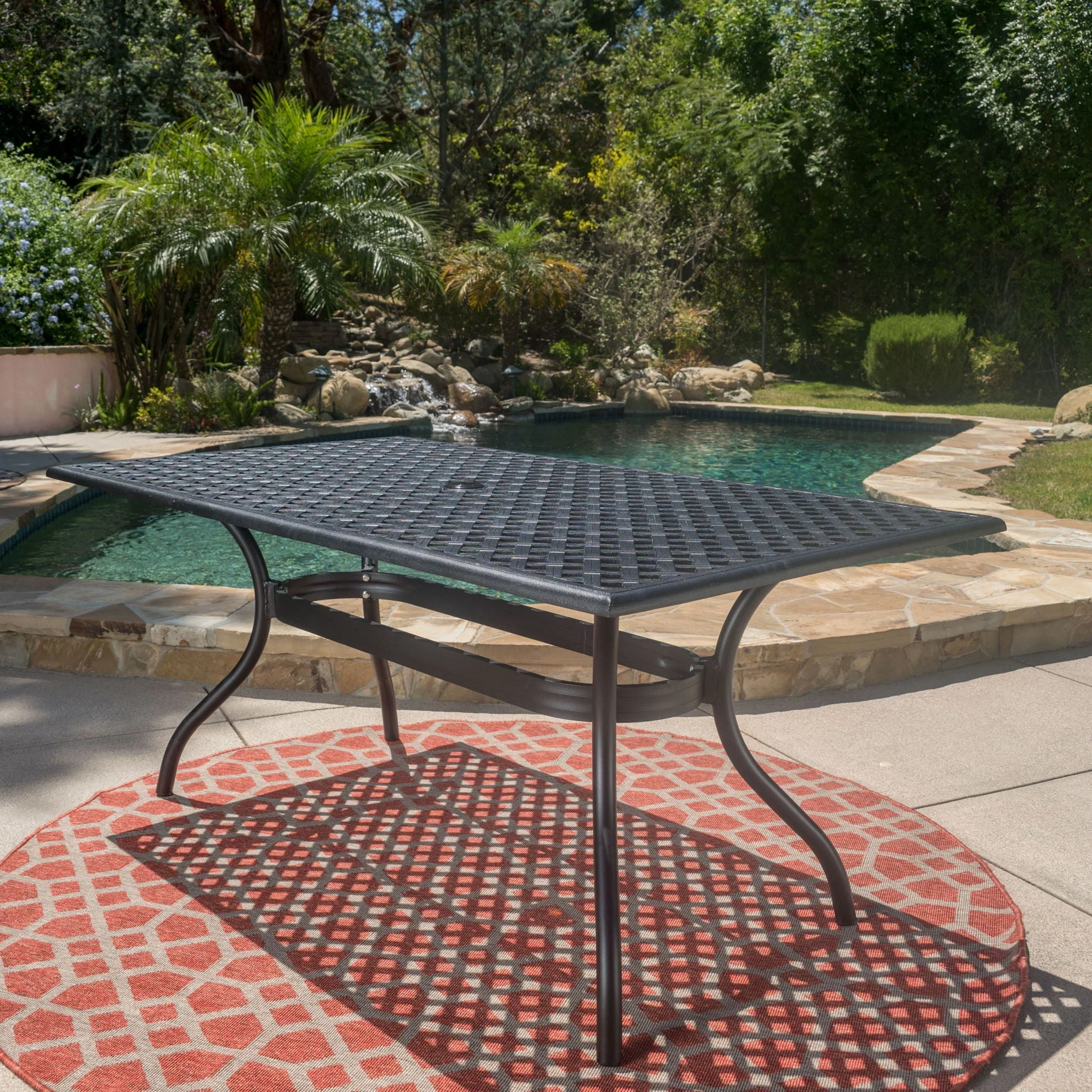 Outdoor Aluminum Dining Table With Lattice Design And Center Umbrella Hole - Black - Image 2