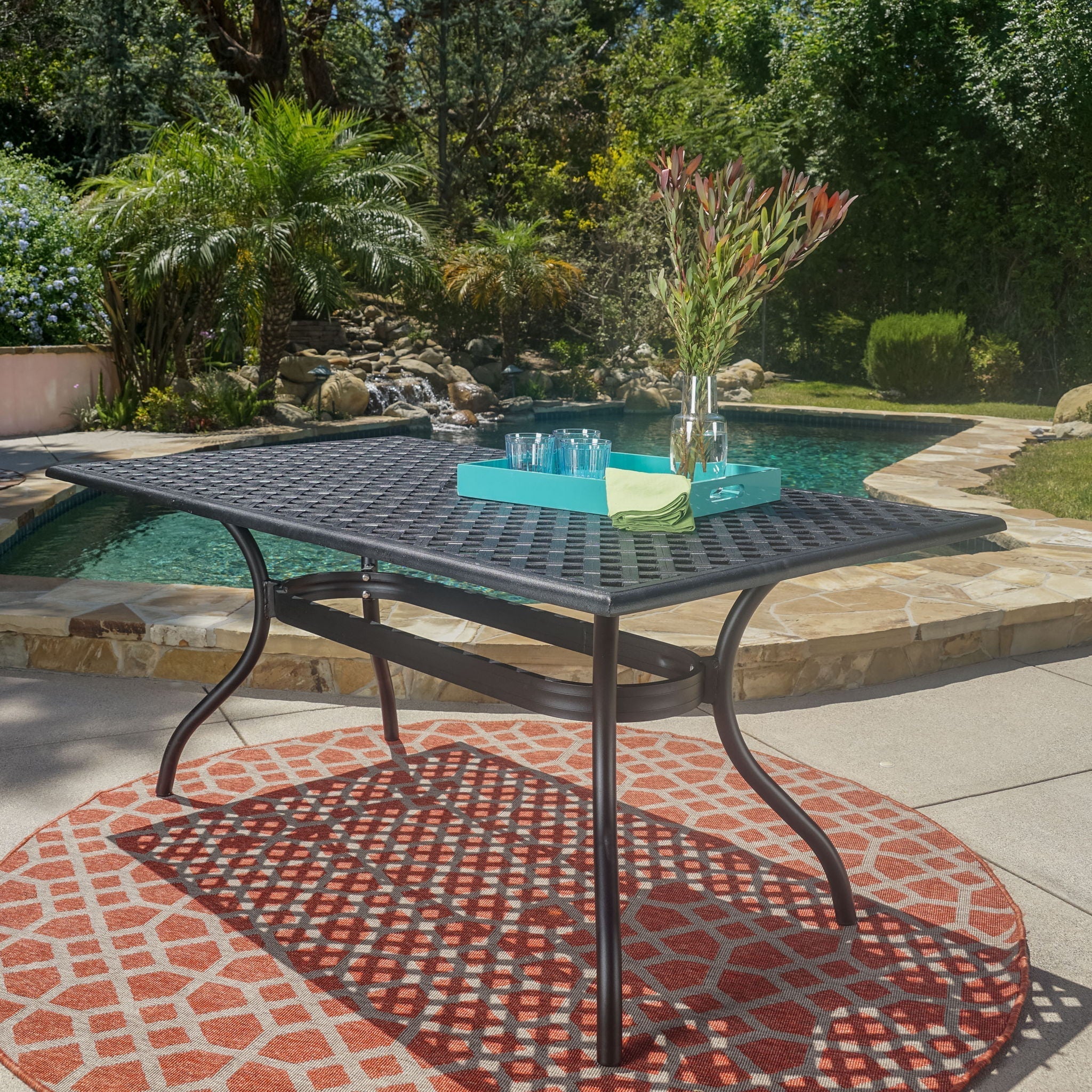 Outdoor Aluminum Dining Table With Lattice Design And Center Umbrella Hole - Black - Image 3