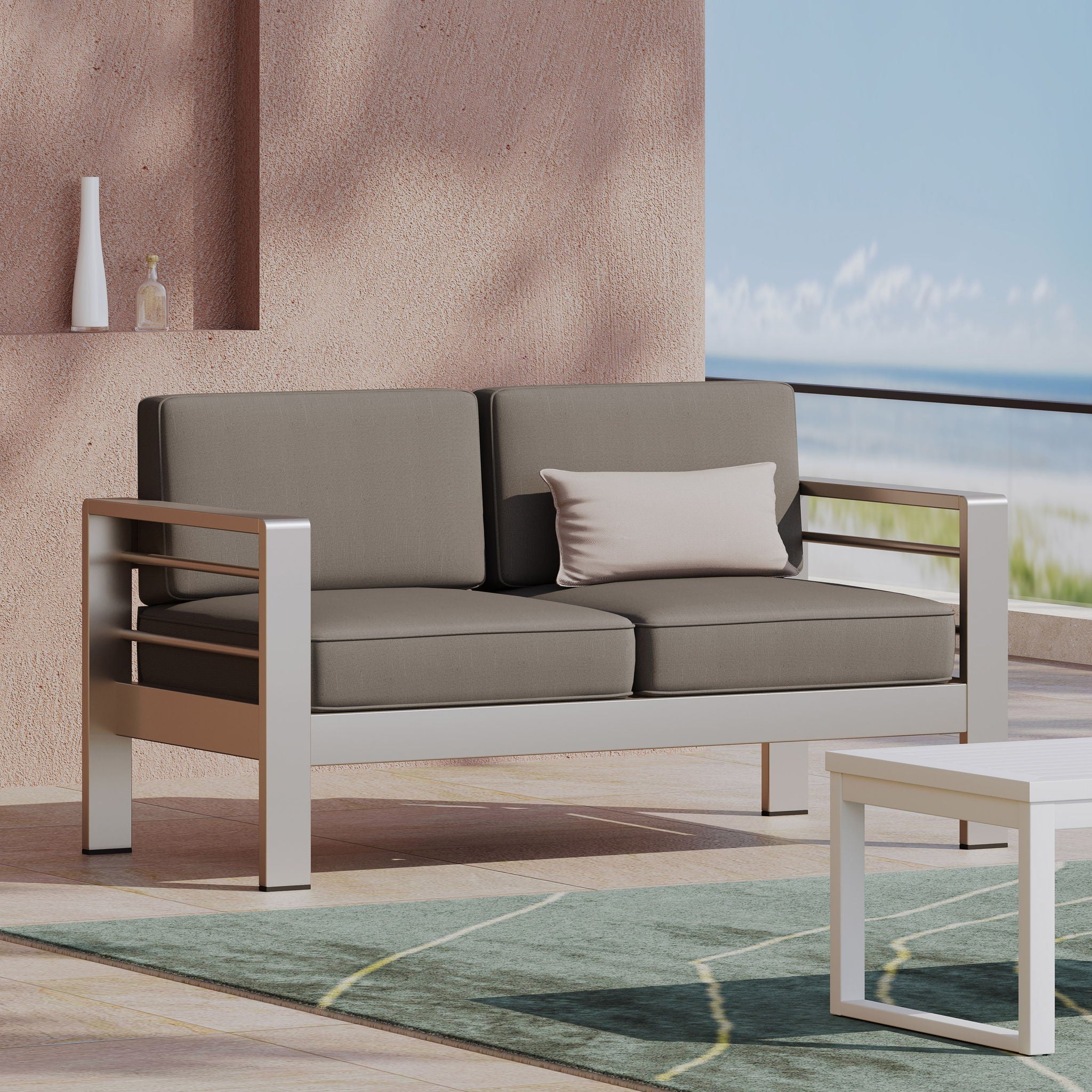 Outdoor Aluminum Loveseat With Cushion - Gray - Image 4