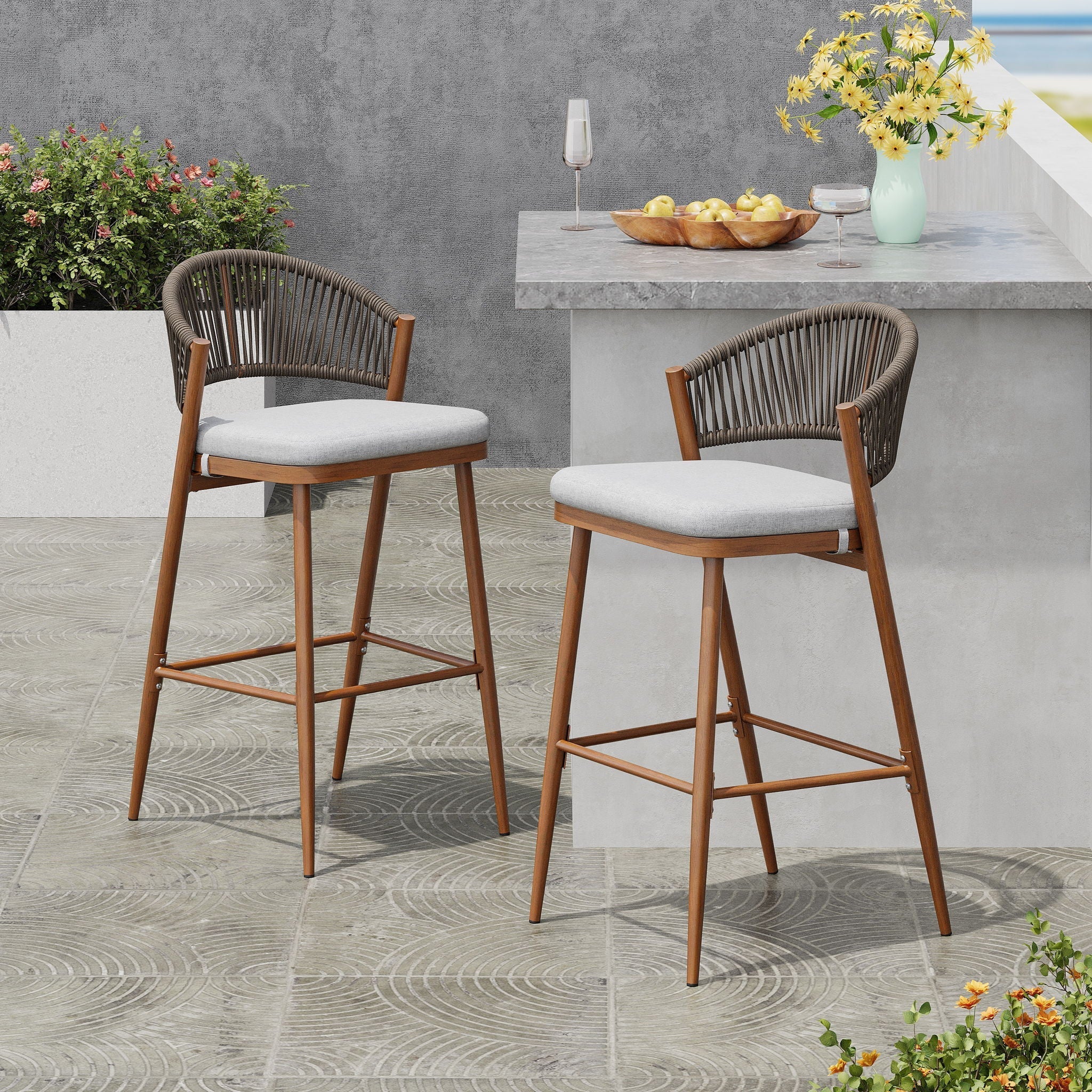 Outdoor Bar Height Metal Frame Counter Stools With Scallop Shaped Backrest & Water Resistant Cushions - Image 10