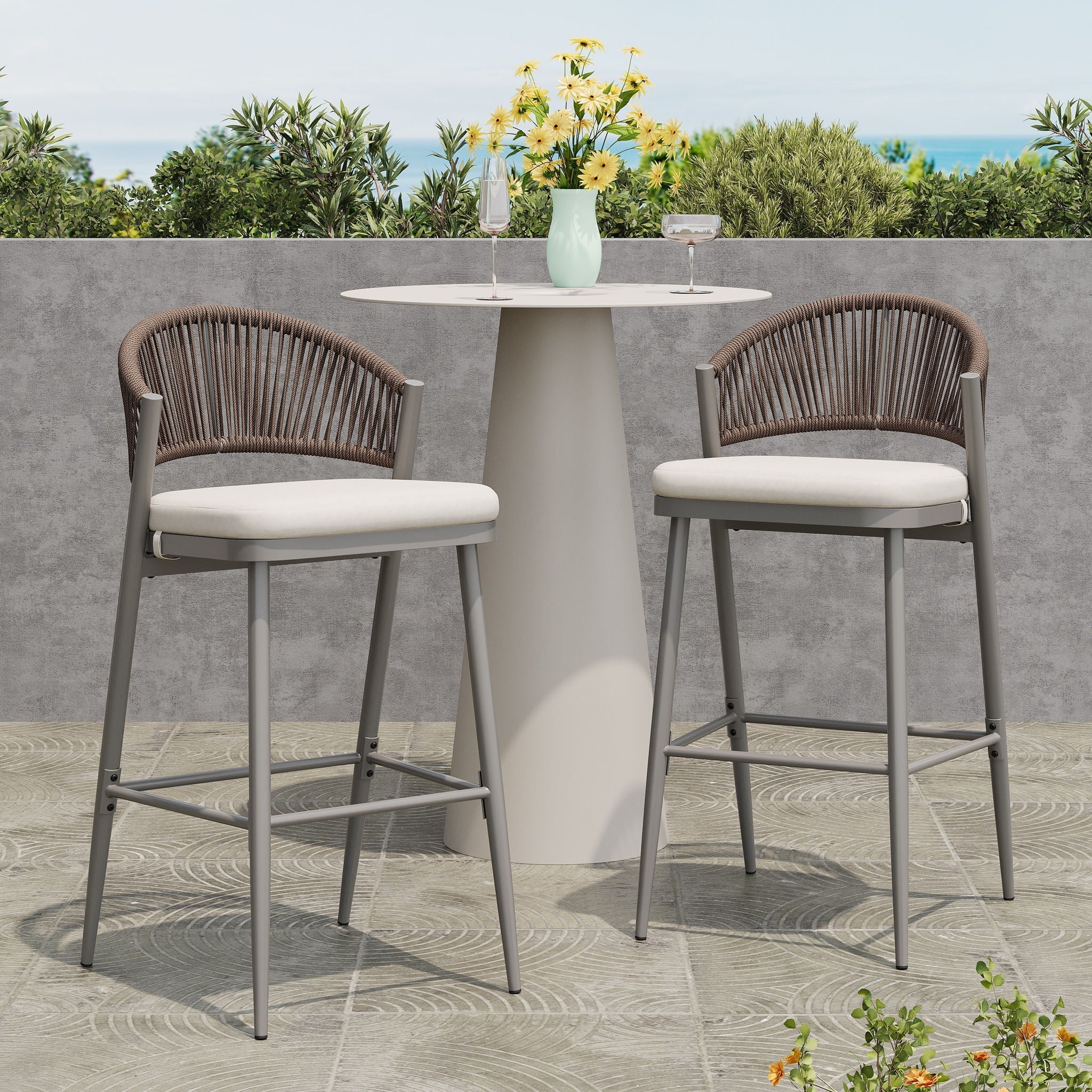 Outdoor Bar Height Metal Frame Counter Stools With Scallop Shaped Backrest & Water Resistant Cushions - Image 12