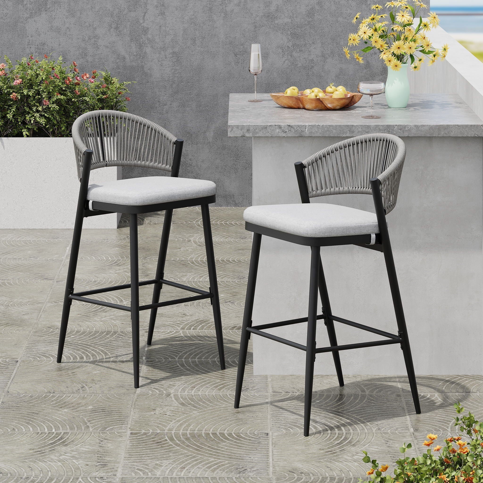 Outdoor Bar Height Metal Frame Counter Stools With Scallop Shaped Backrest & Water Resistant Cushions - Image 13