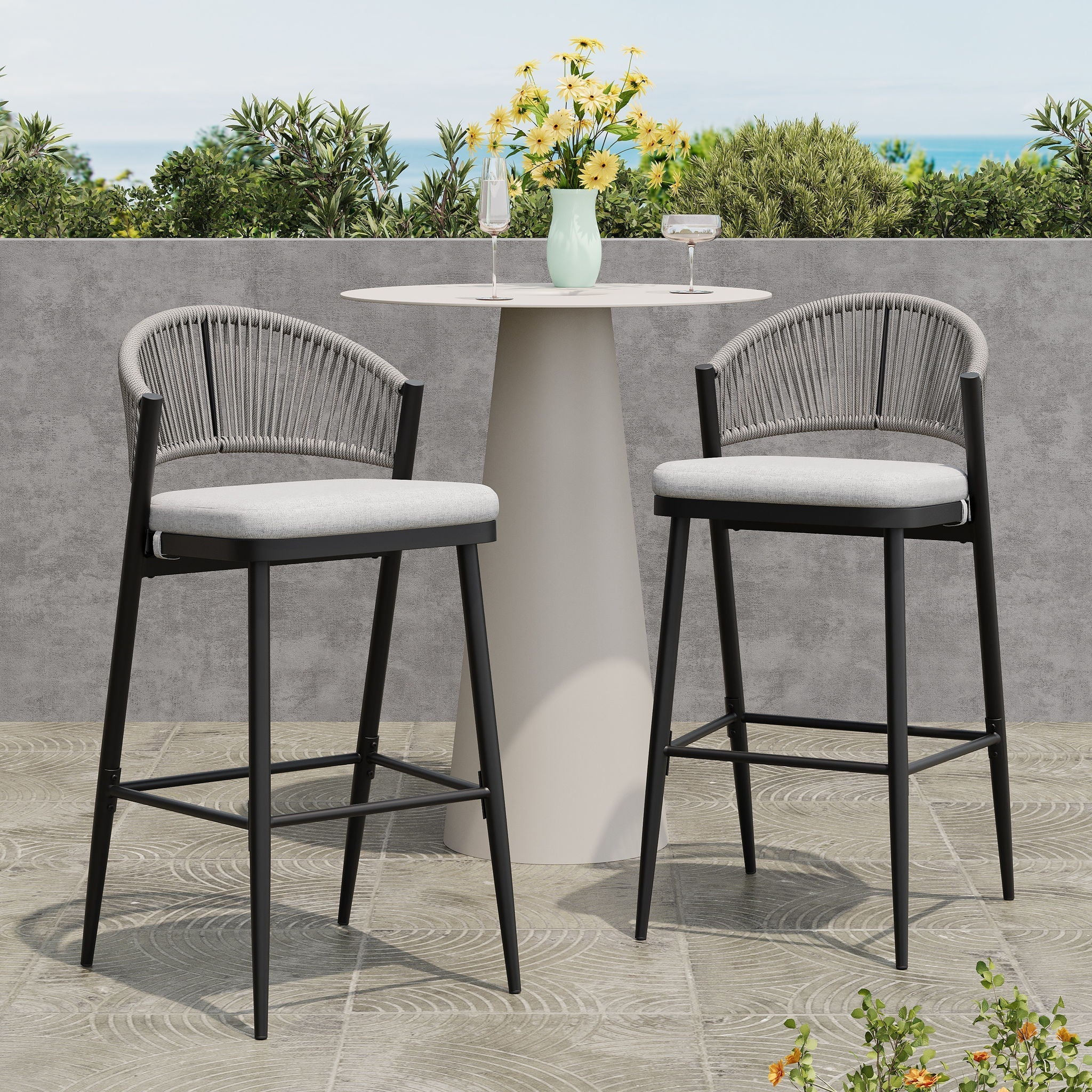 Outdoor Bar Height Metal Frame Counter Stools With Scallop Shaped Backrest & Water Resistant Cushions - Image 15