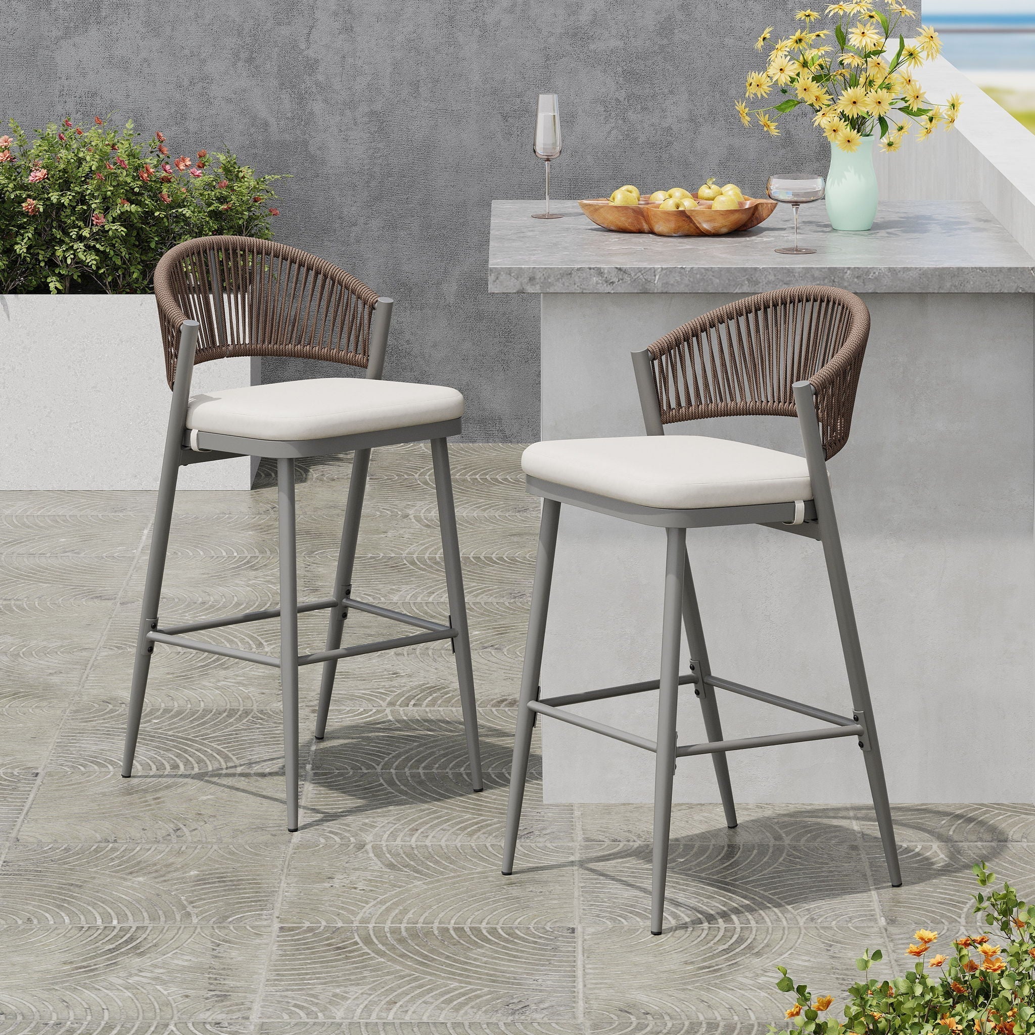 Outdoor Bar Height Metal Frame Counter Stools With Scallop Shaped Backrest & Water Resistant Cushions - Image 16
