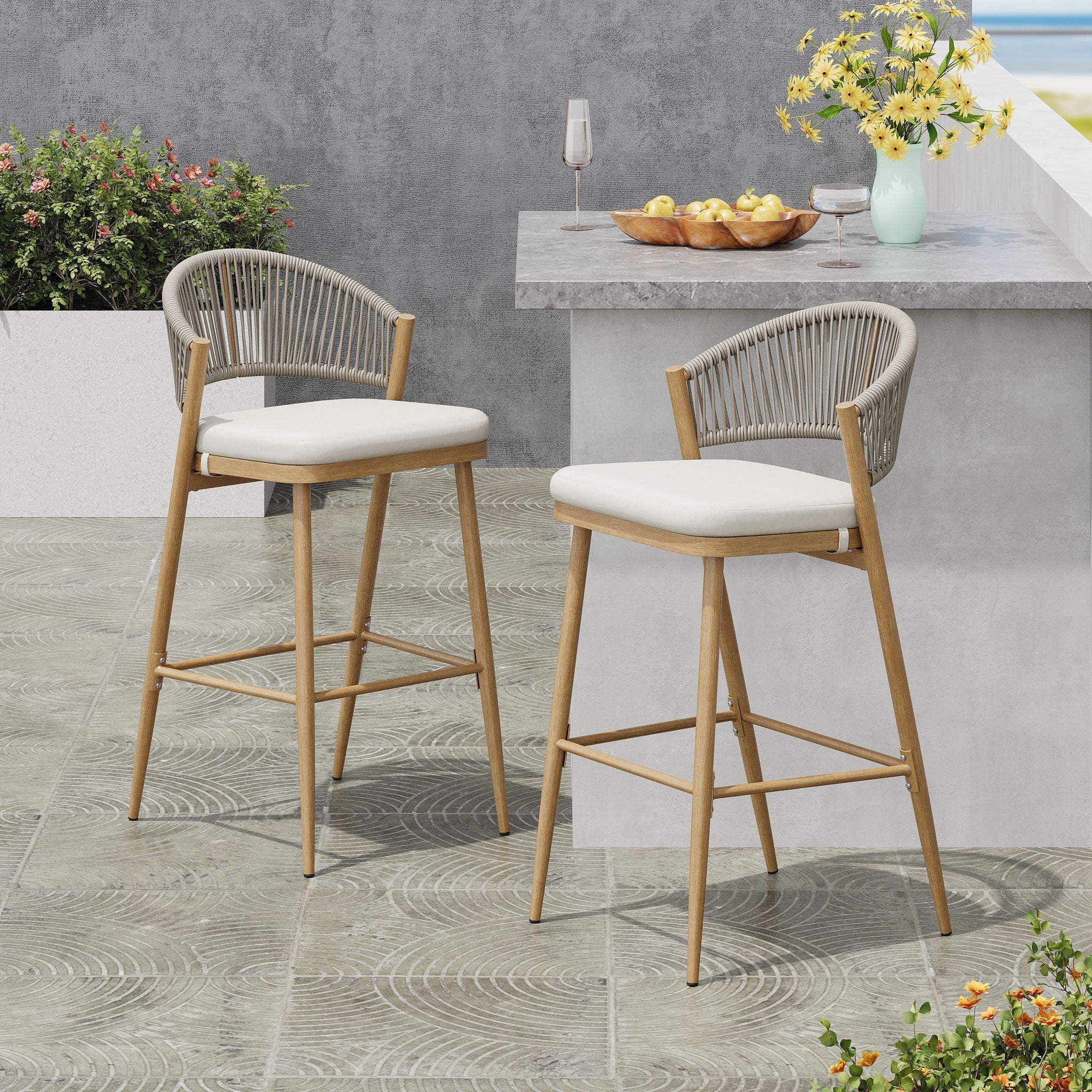 Outdoor Bar Height Metal Frame Counter Stools With Scallop Shaped Backrest & Water Resistant Cushions - Image 5