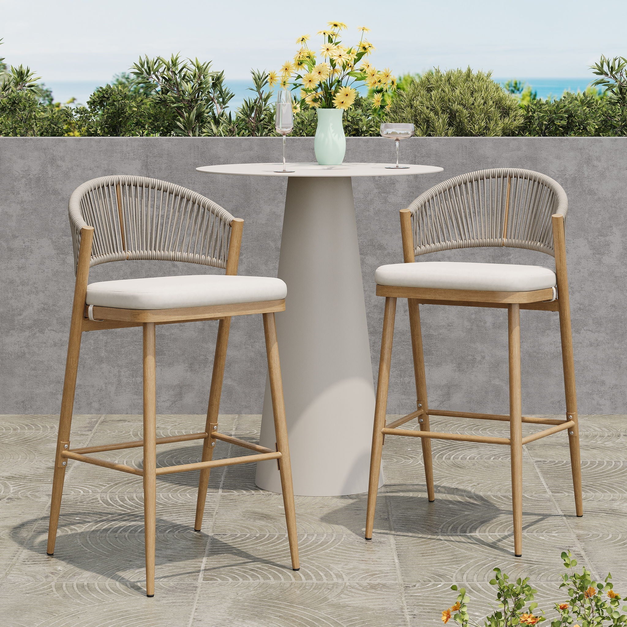 Outdoor Bar Height Metal Frame Counter Stools With Scallop Shaped Backrest & Water Resistant Cushions - Image 8