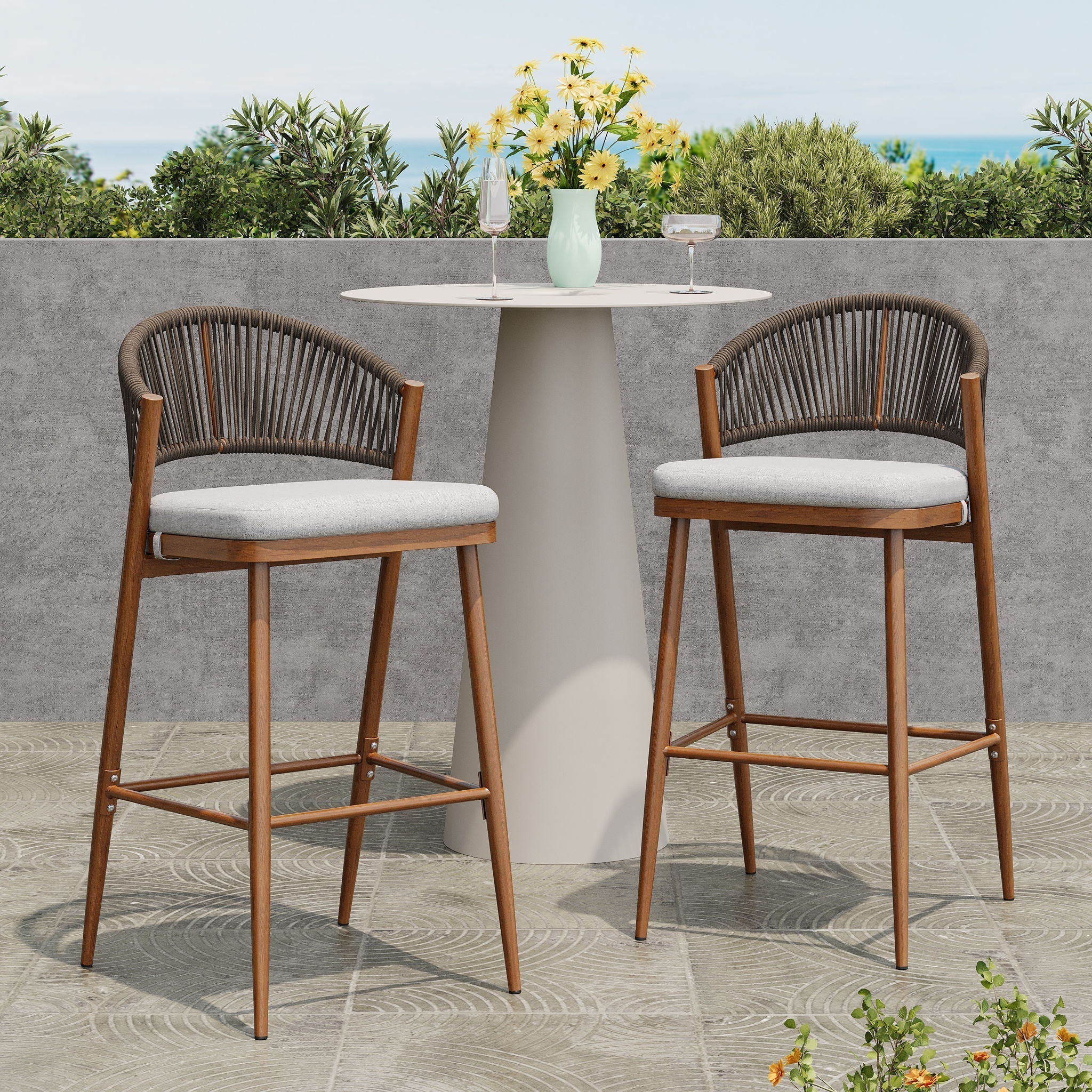 Outdoor Bar Height Metal Frame Counter Stools With Scallop Shaped Backrest & Water Resistant Cushions - Image 9