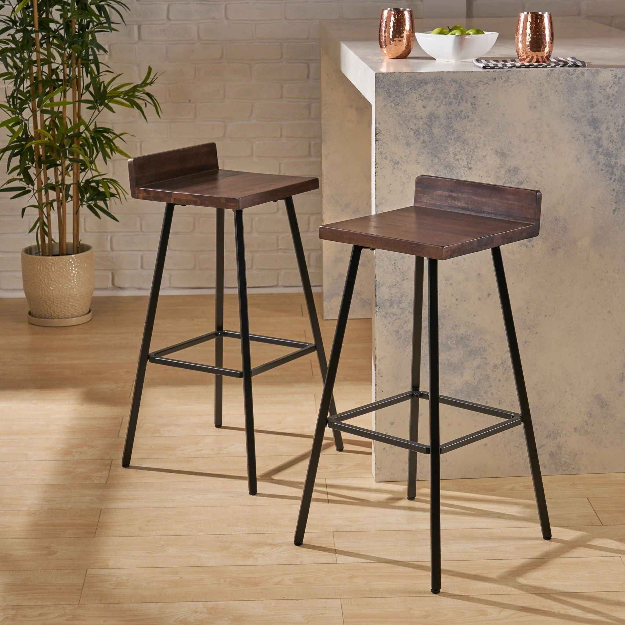 Outdoor Bar Stool With Low Backrests And Wood Seats (Set of 2) - Dark Brown / Black - Image 3